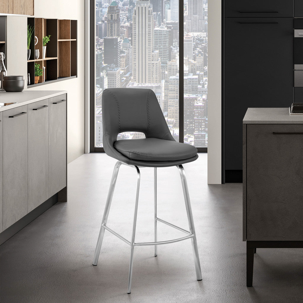 HomeRoots 26" Elegant Faux Leather Counter Stool With Stainless Steel Frame and Grey Finish