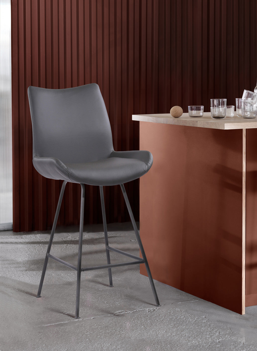 HomeRoots 26" Elegant Grey Faux Leather Brushed Gray Metal Finish Armless Bar Stool