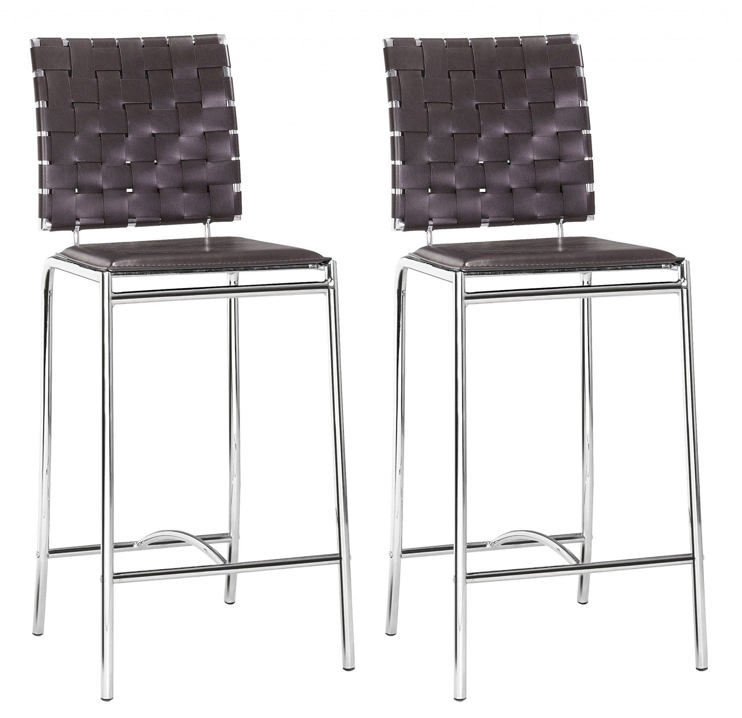HomeRoots 26" Espresso And Silver Steel Low Back Counter Height Bar Chairs in Set of Two