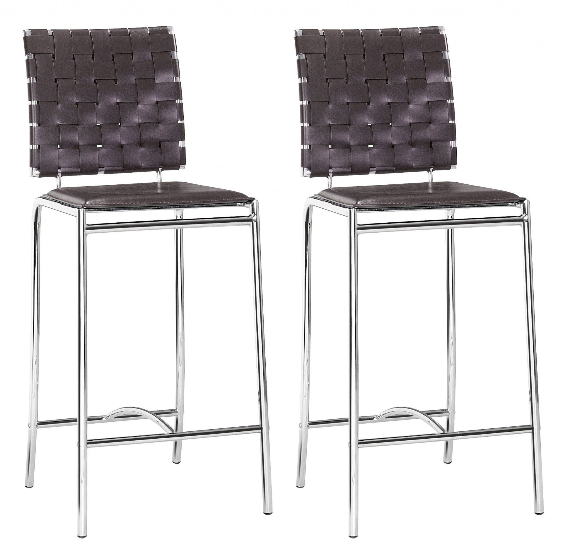 HomeRoots 26" Espresso And Silver Steel Low Back Counter Height Bar Chairs in Set of Two