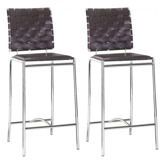 HomeRoots 26" Espresso And Silver Steel Low Back Counter Height Bar Chairs in Set of Two