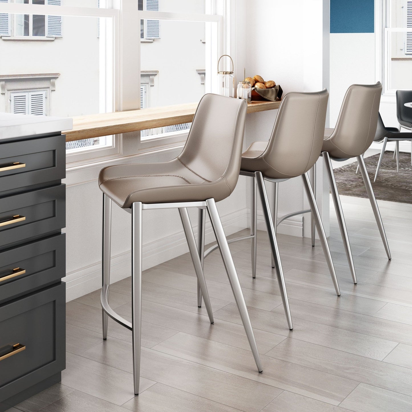 HomeRoots 26" Gray And Silver Steel Low Back Counter Height Bar Chairs in Set of Two