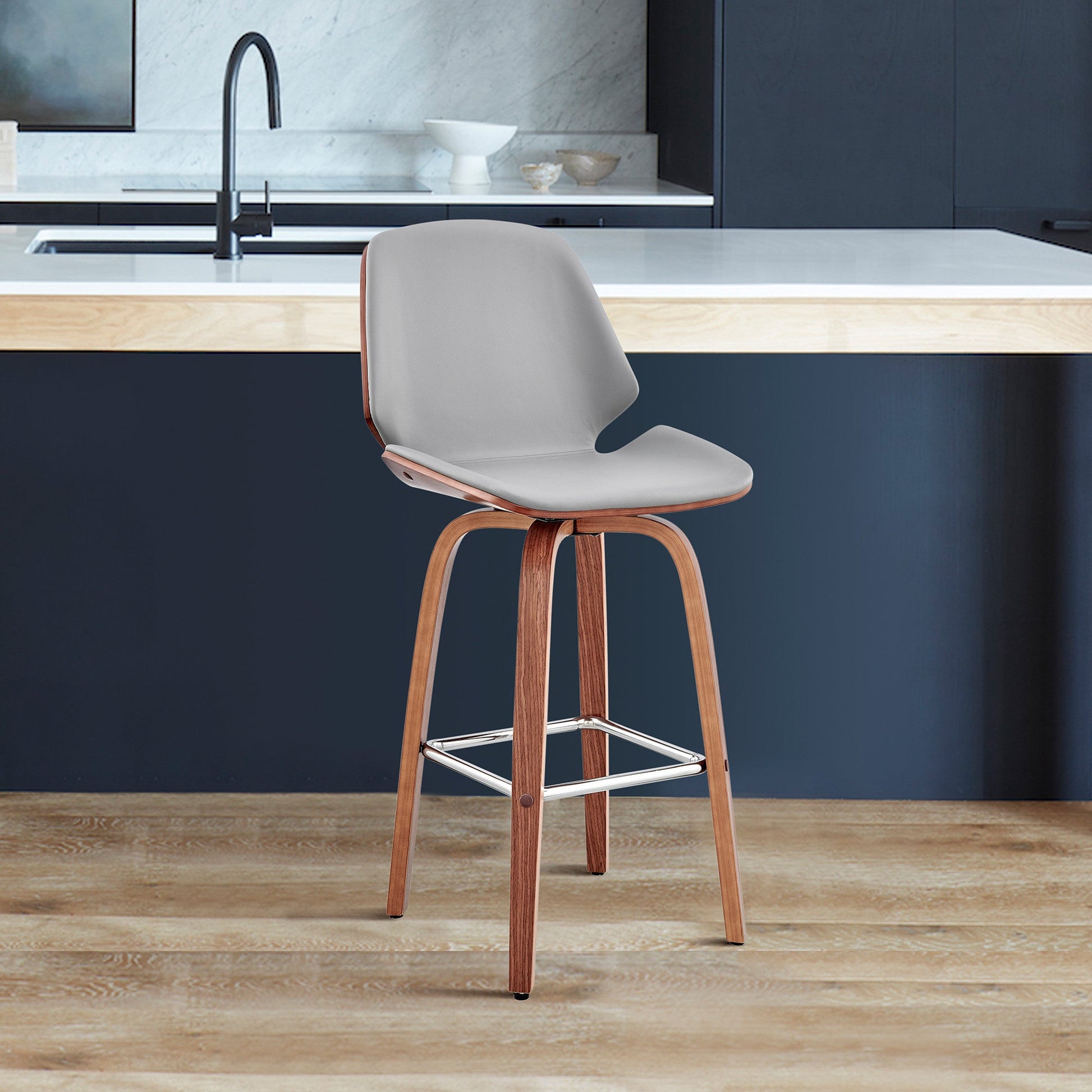 HomeRoots 26" Gray Faux Leather Swivel Seat Wooden Bar Stool