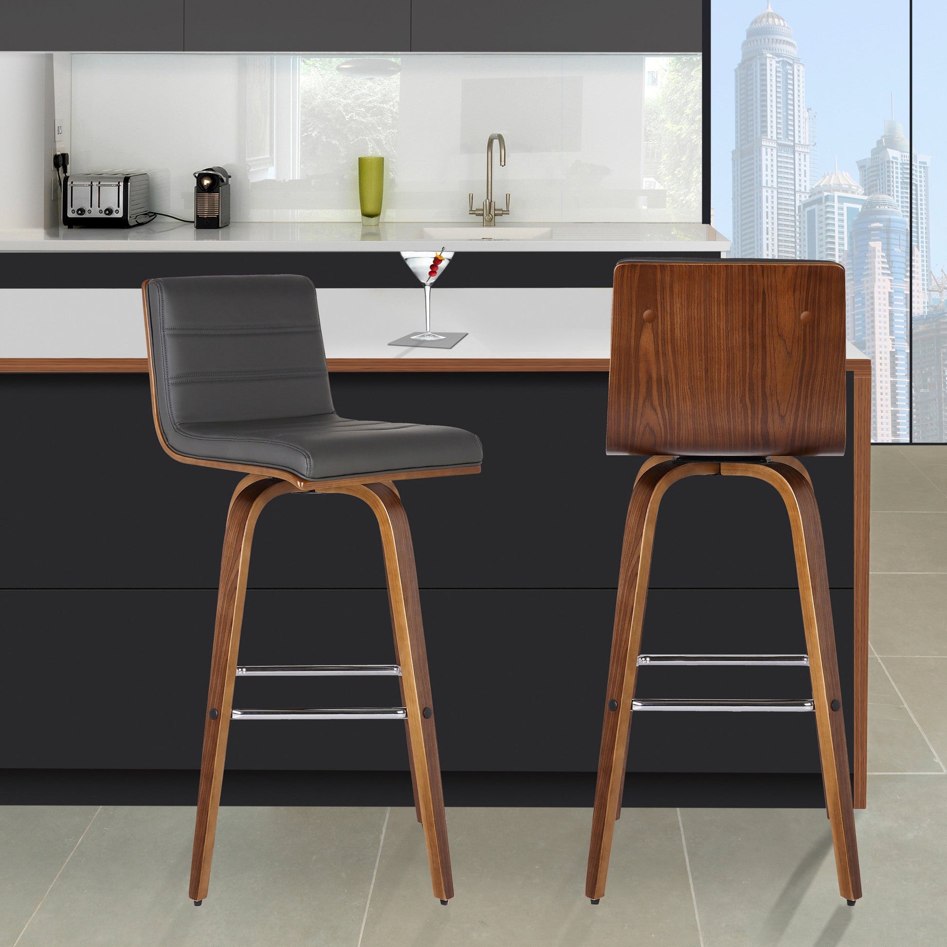 HomeRoots 26" Gray Faux Leather Wooden Swivel Bar Stool
