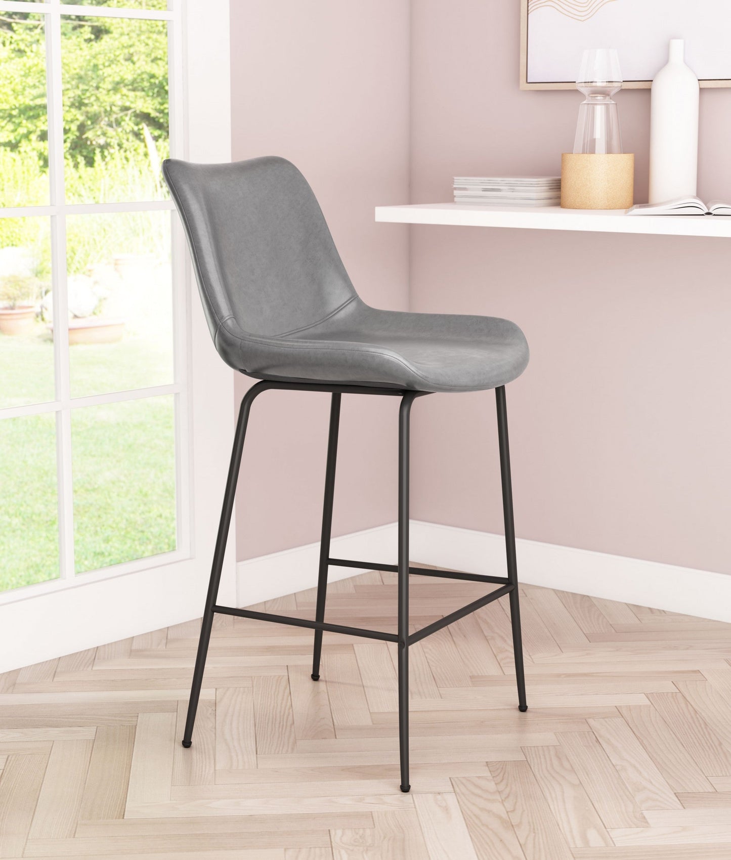 HomeRoots 26" Gray Low Back Counter Height Bar Chair With Black Steel Finish