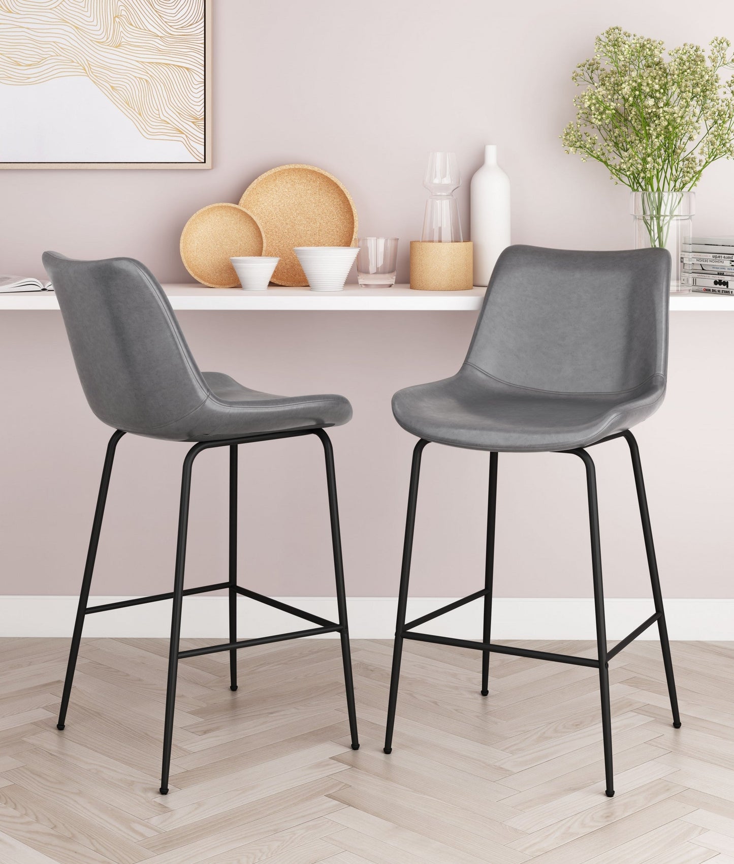 HomeRoots 26" Gray Low Back Counter Height Bar Chair With Black Steel Finish