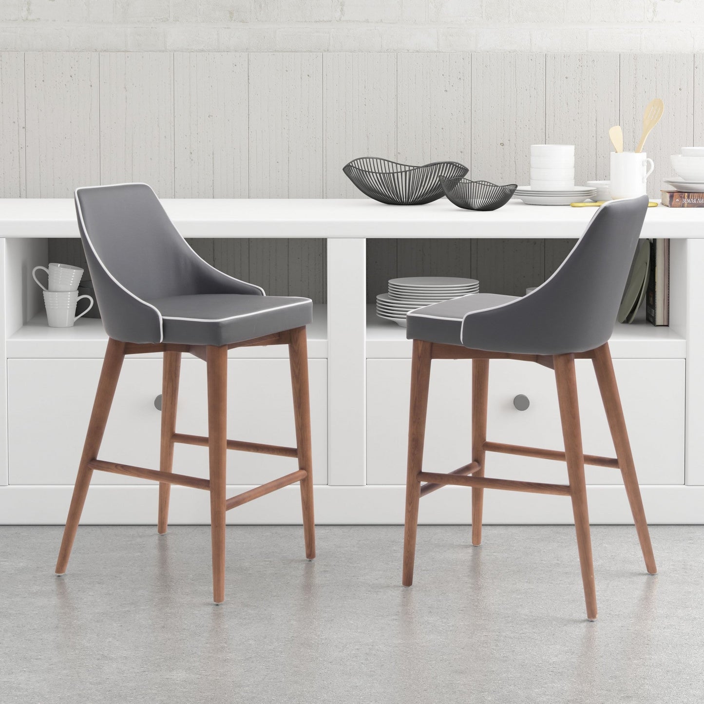HomeRoots 26" Gray Low Back Counter Height Bar Chair With Brown Solid Wood Base