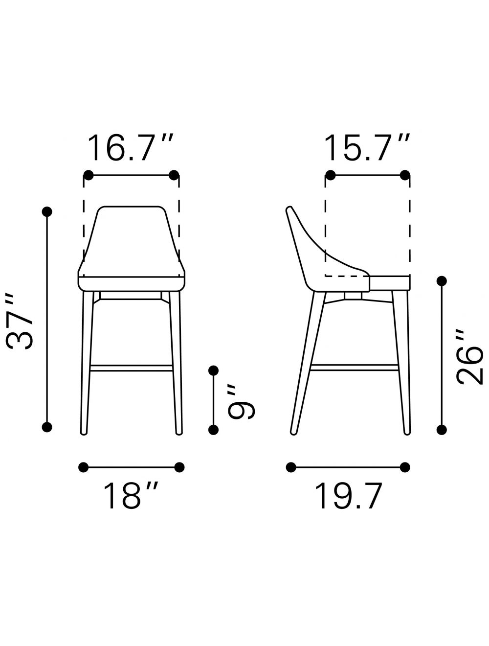 HomeRoots 26" Gray Low Back Counter Height Bar Chair With Brown Solid Wood Base