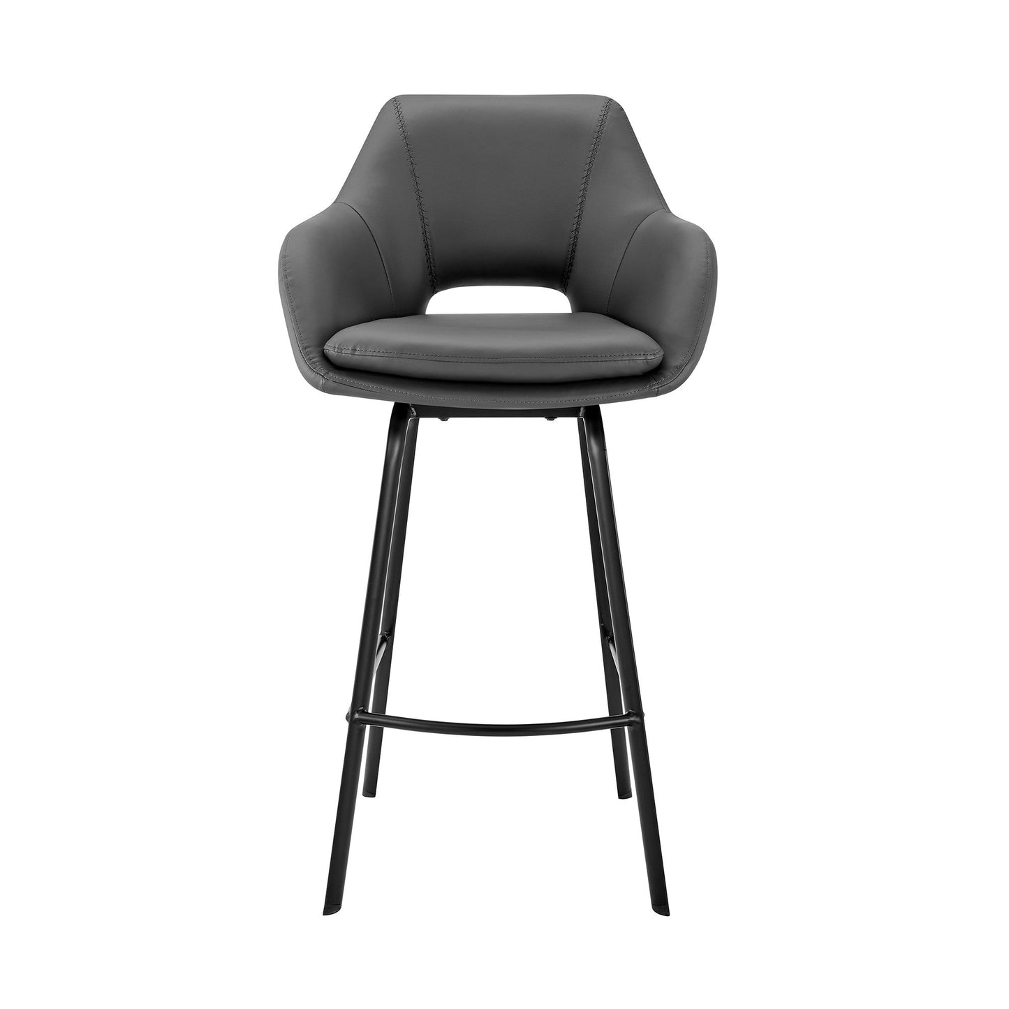 HomeRoots 26" Gray on Black Faux Leather Comfy Swivel Counter Stool