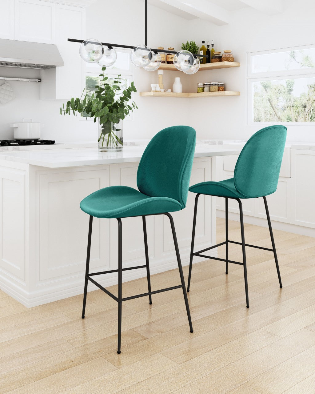 HomeRoots 26" Green Low Back Counter Height Bar Chair With Black Steel Base