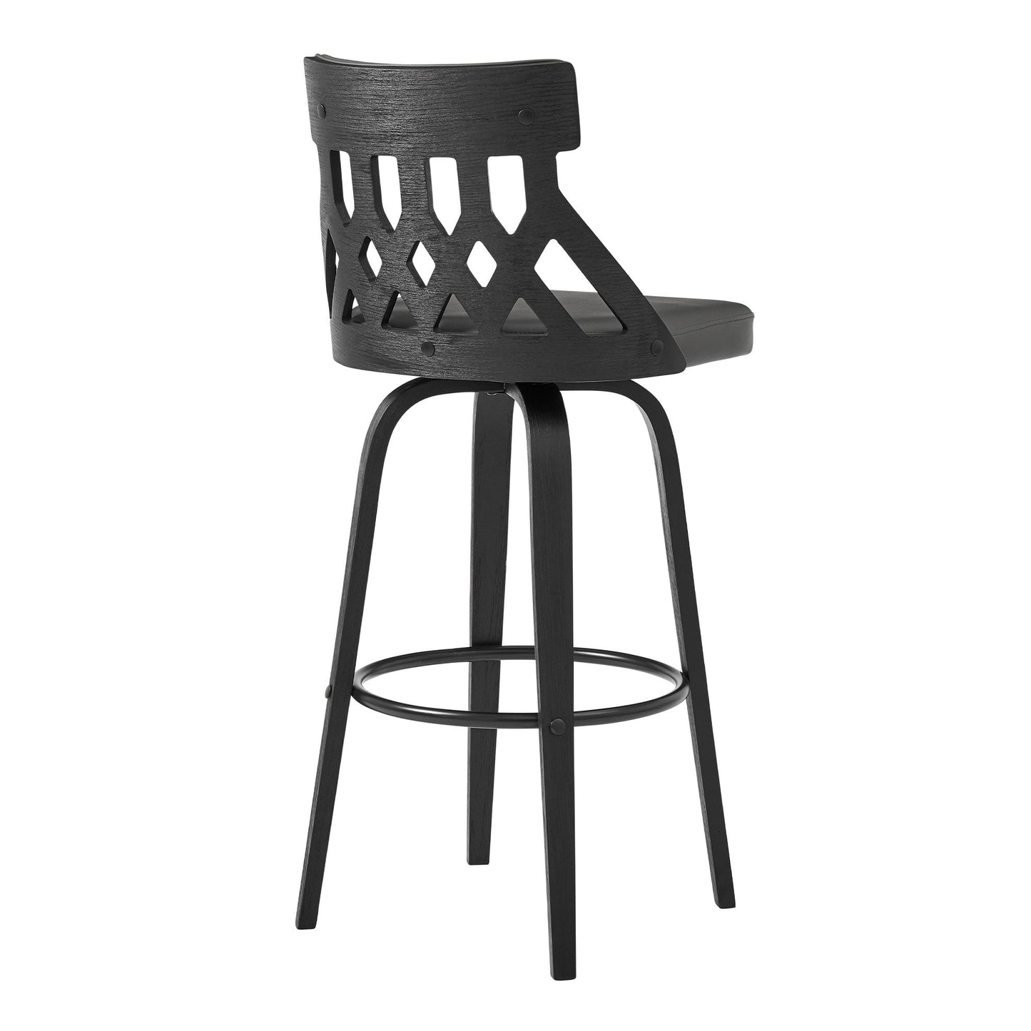 HomeRoots 26" Grey Faux Leather Curved Back Walnut Wood Swivel Bar Stool