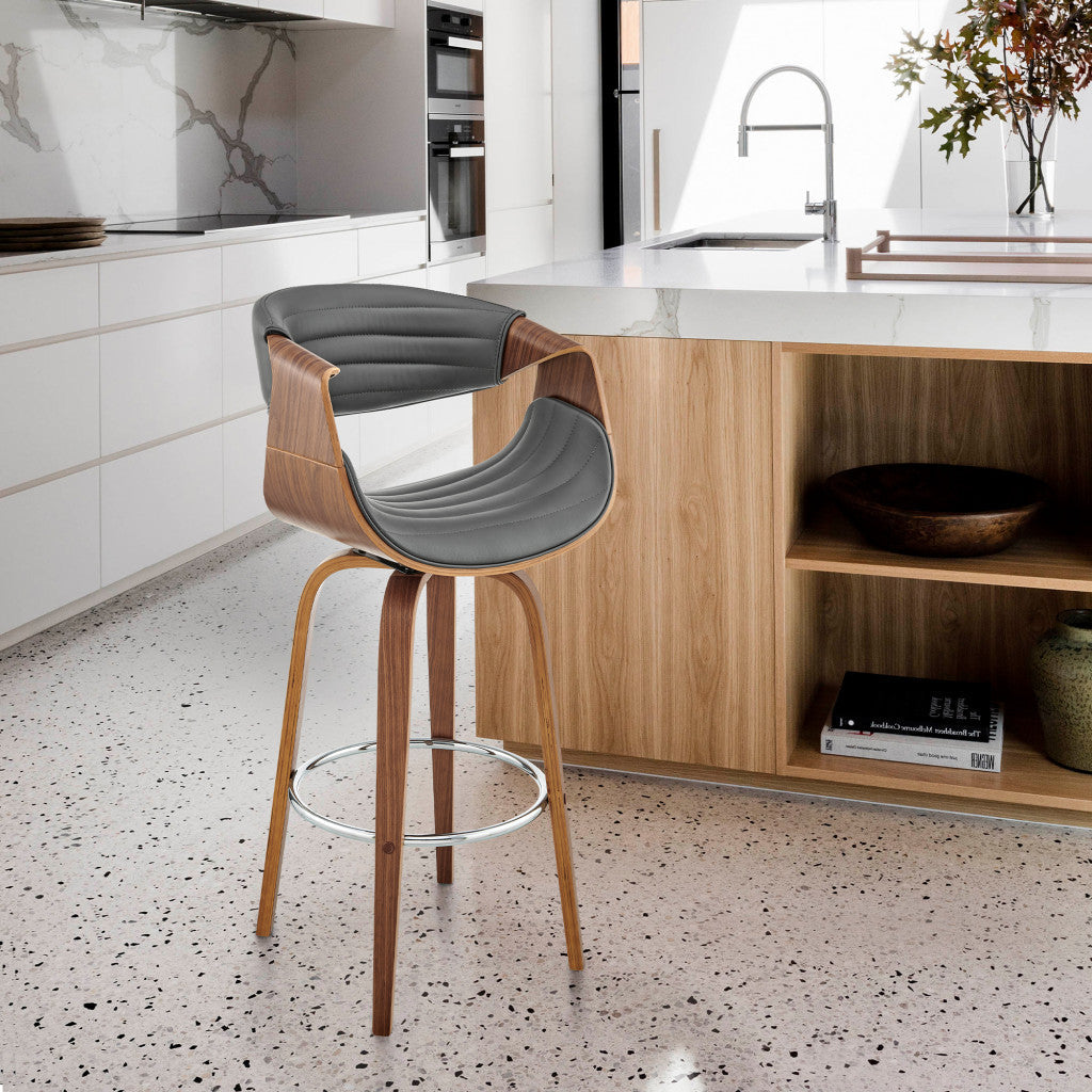 HomeRoots 26" Grey Faux Leather and Walnut Wood Retro Chic Counter Stool