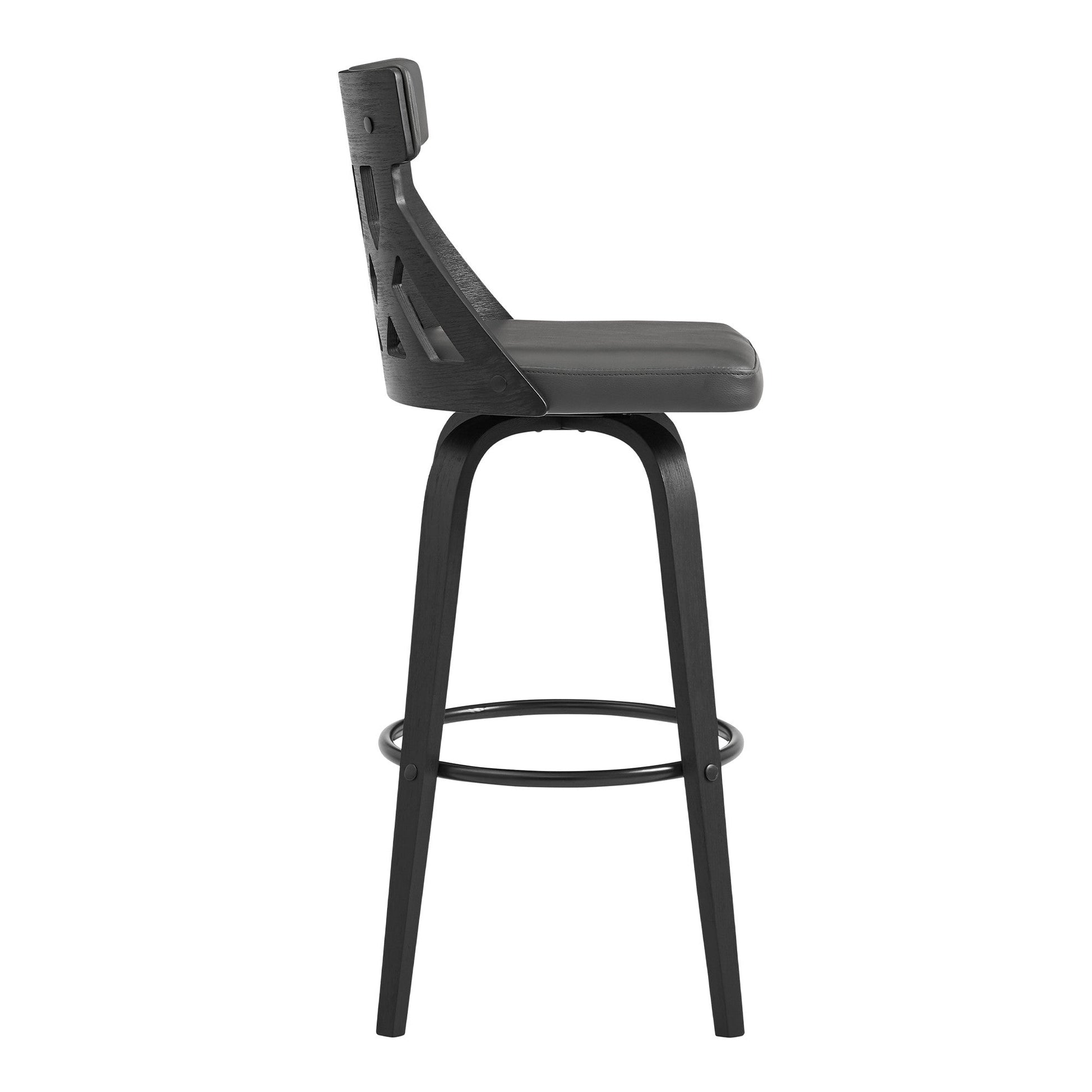 HomeRoots 26" Grey Fauz Leather Curved Back Walnut Wood Swivel Bar Stool