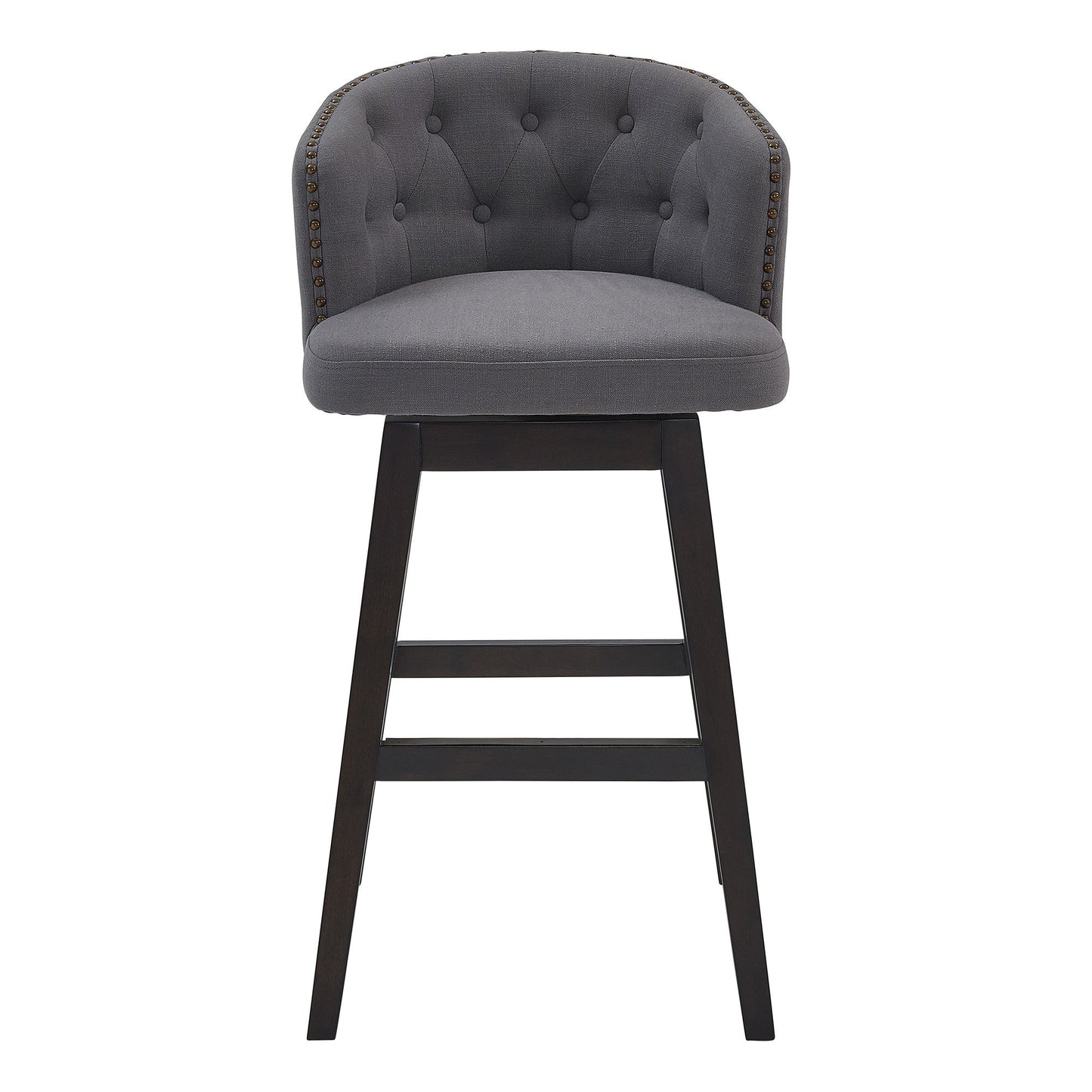 HomeRoots 26" Grey Tufted Fabric and Dark Espresso Wood Swivel Bar Stool