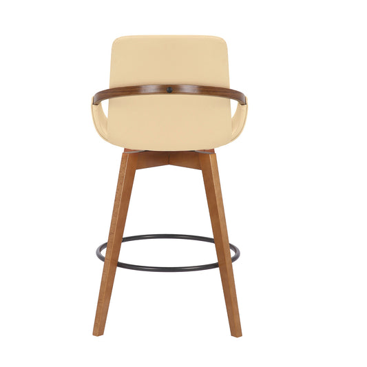 HomeRoots 26" Luxurious Cream and Walnut Faux Leather Swivel Bar Stool