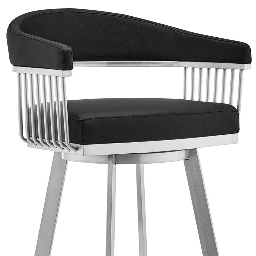 HomeRoots 26" Mod Black Faux Leather Swivel Bar Stool With Brushed Silver Finish