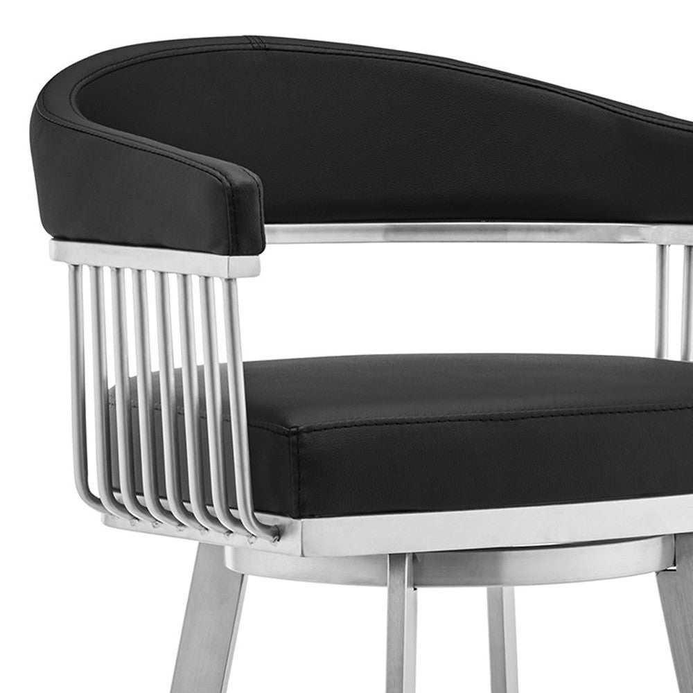 HomeRoots 26" Mod Black Faux Leather Swivel Bar Stool With Brushed Silver Finish