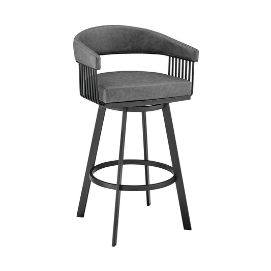 HomeRoots 26" Mod Grey Faux Leather Black Finish Swivel Bar Stool