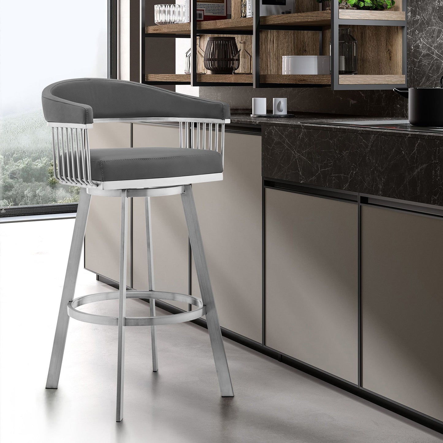 HomeRoots 26" Mod Grey Faux Leather Brushed Silver Finish Swivel Bar Stool