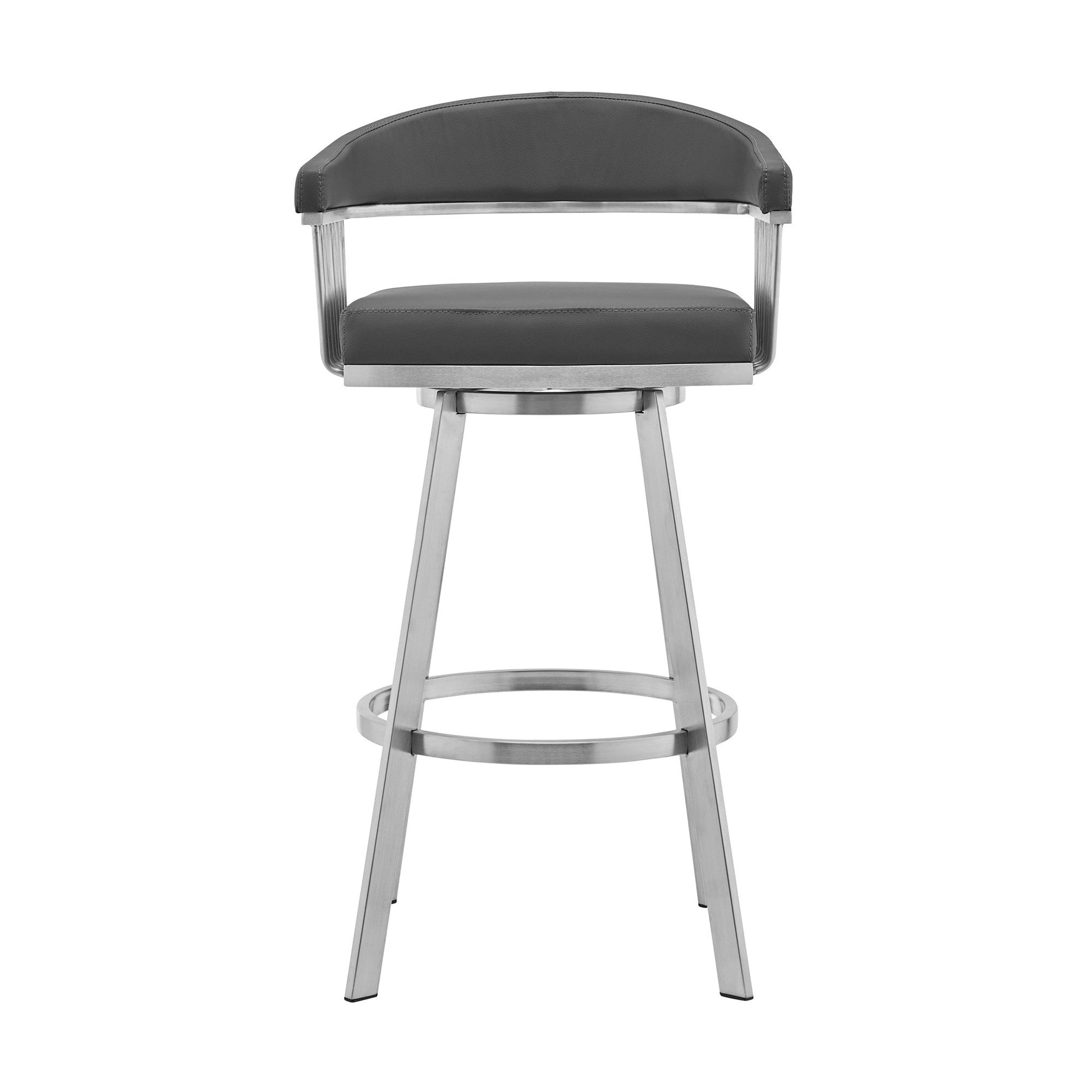 HomeRoots 26" Mod Grey Faux Leather Brushed Silver Finish Swivel Bar Stool
