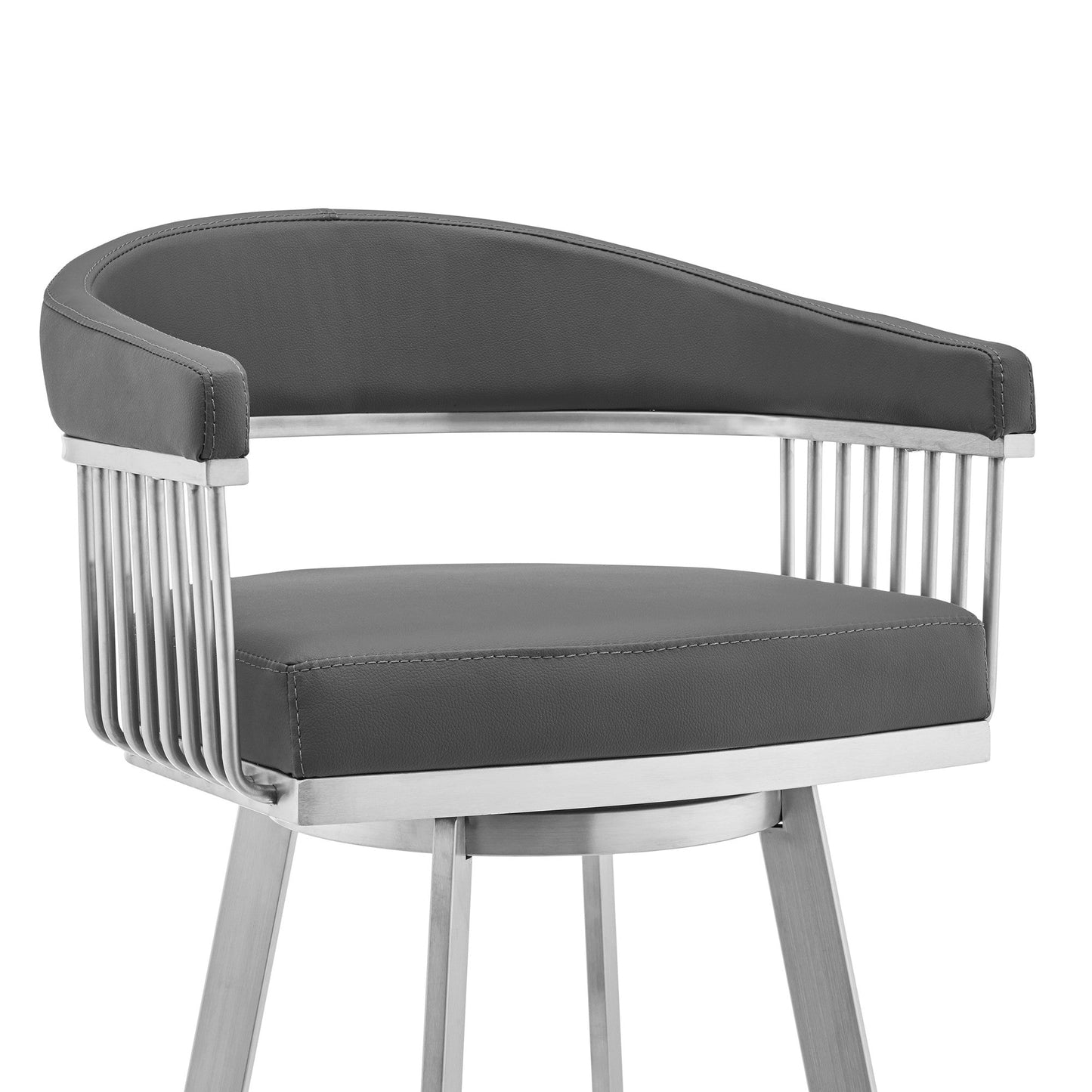 HomeRoots 26" Mod Grey Faux Leather Brushed Silver Finish Swivel Bar Stool
