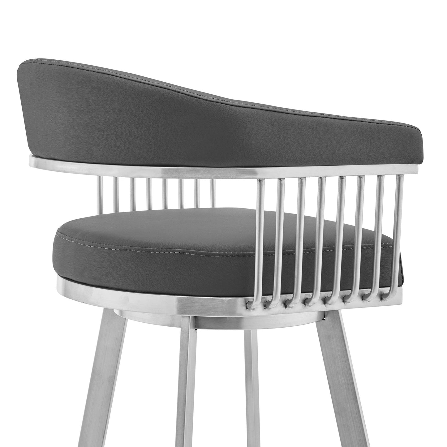 HomeRoots 26" Mod Grey Faux Leather Brushed Silver Finish Swivel Bar Stool