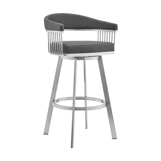 HomeRoots 26" Mod Grey Faux Leather Brushed Silver Finish Swivel Bar Stool