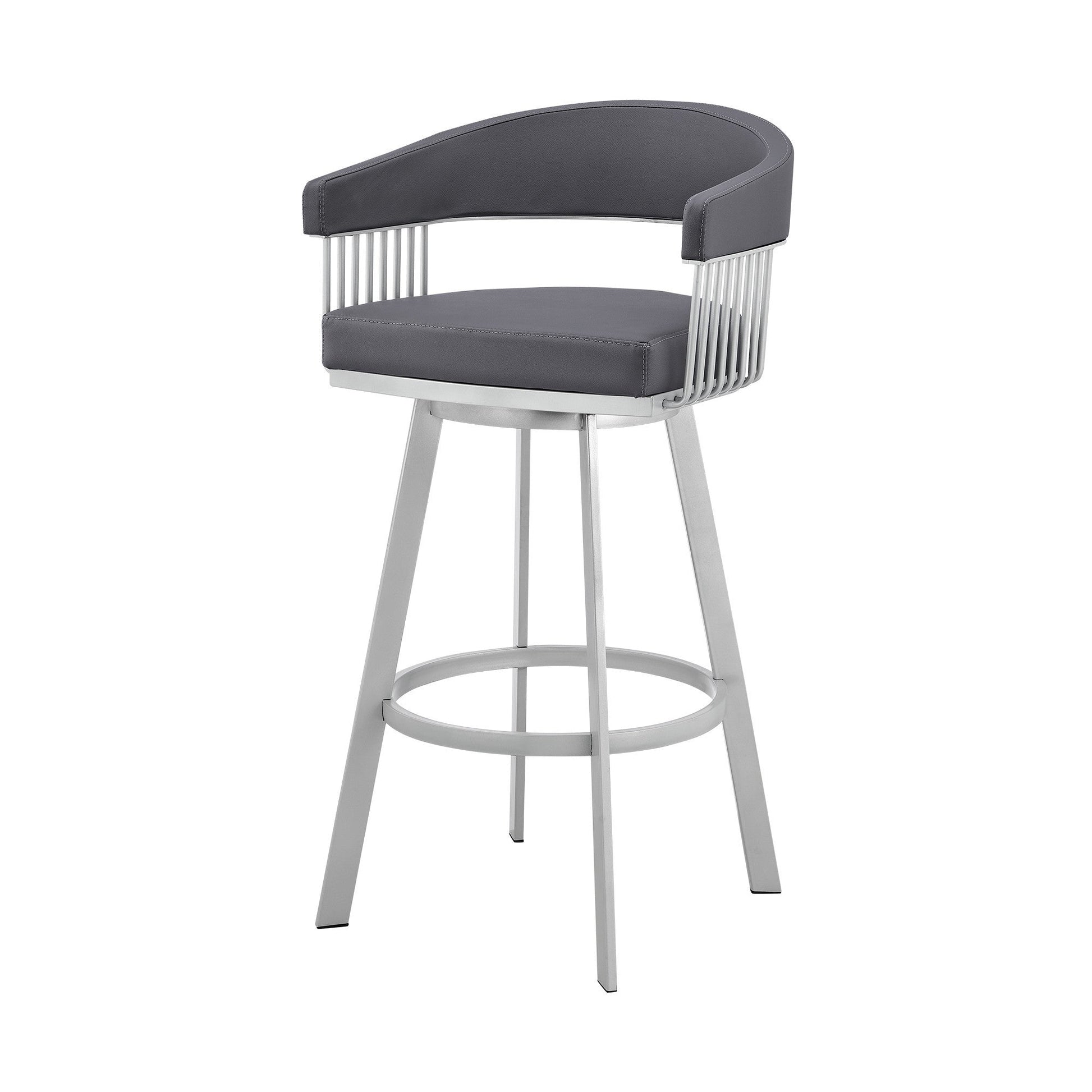 HomeRoots 26" Mod Slate Grey Faux Leather Swivel Bar Stool in Silver Finish