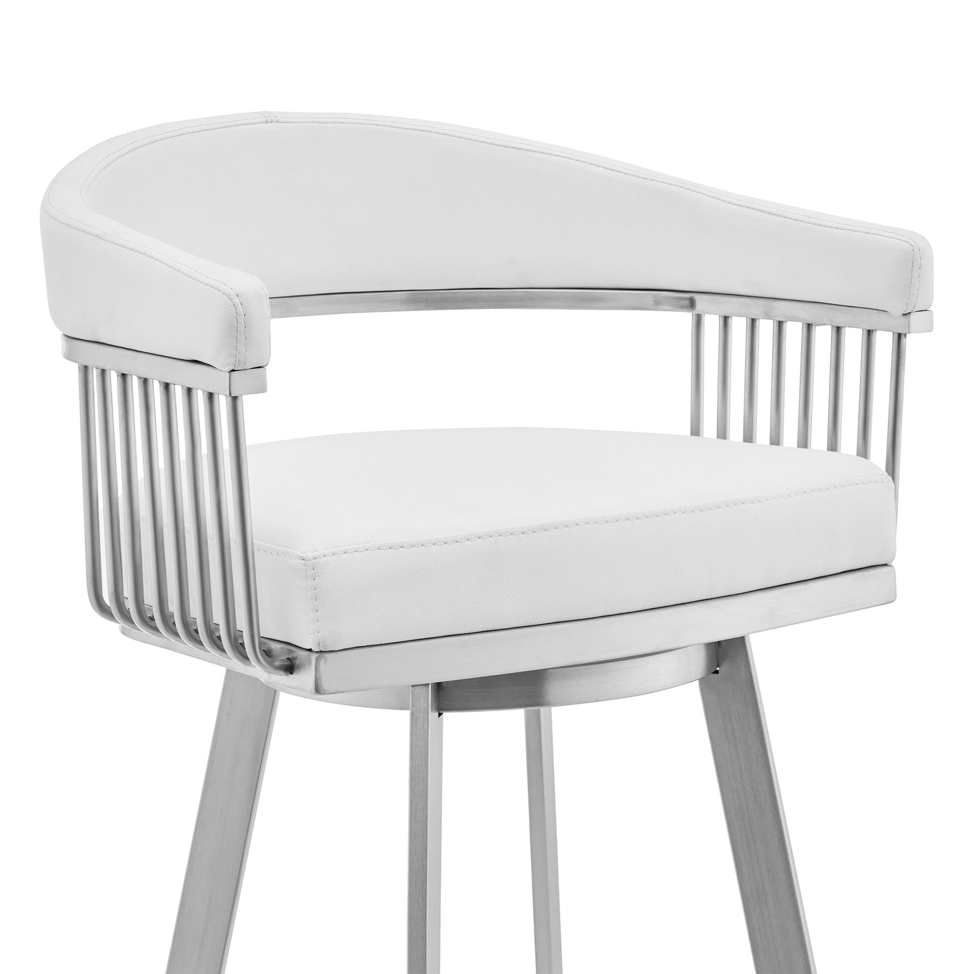HomeRoots 26" Mod White Faux Leather Brushed Silver Finish Swivel Bar Stool