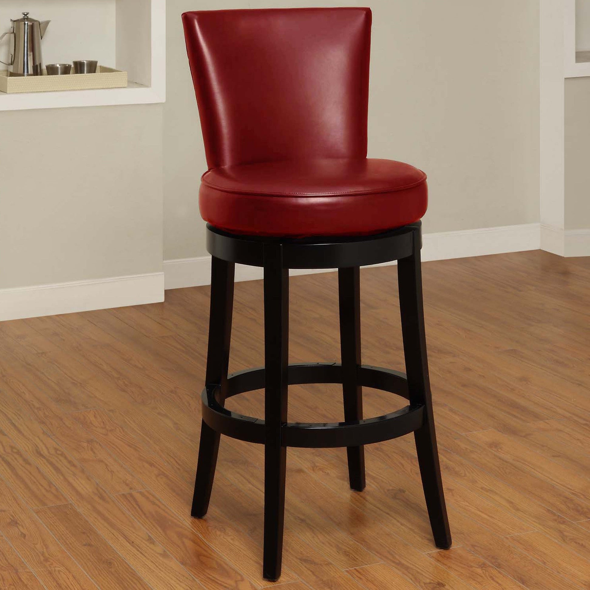 HomeRoots 26" Red Faux Leather Round Seat Black Wood Swivel Armless Bar Stool