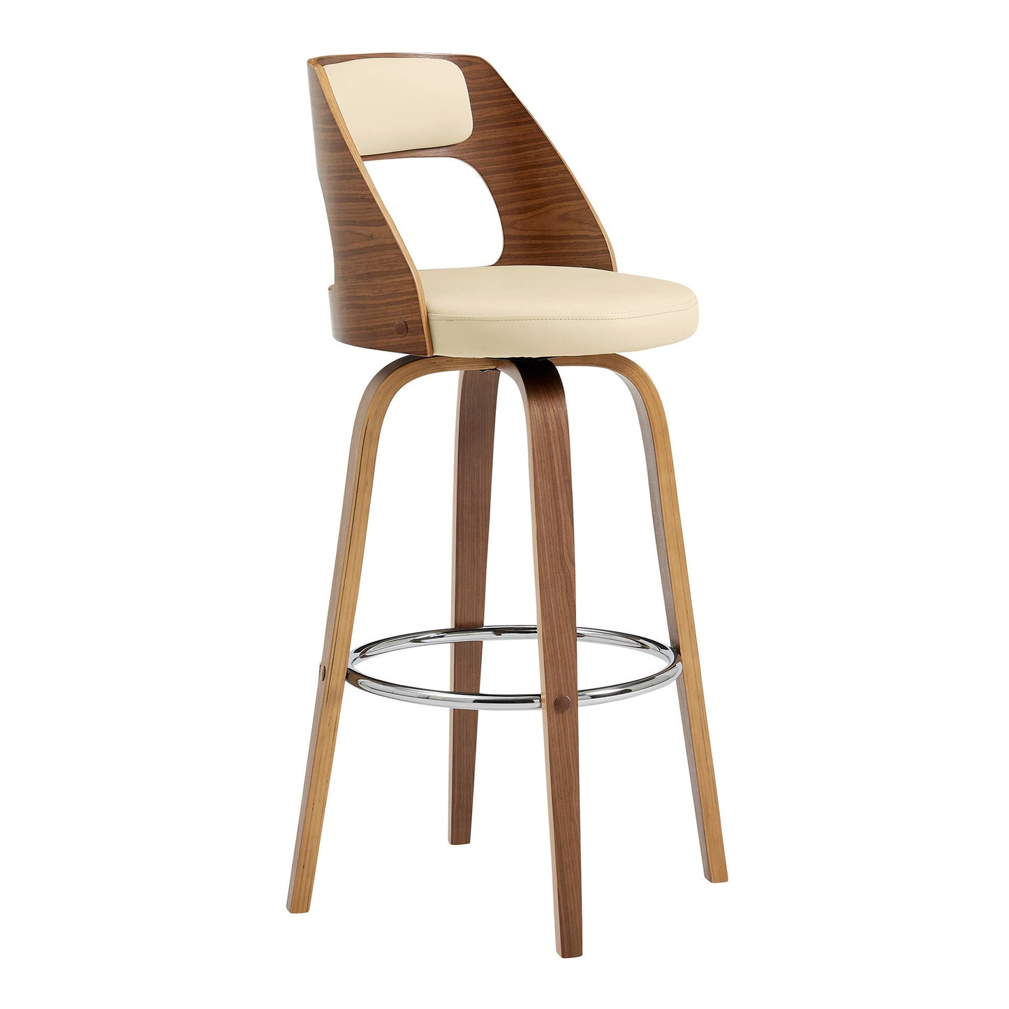 HomeRoots 26" Retro Mod Cream Faux Leather and Walnut Swivel Counter Stool