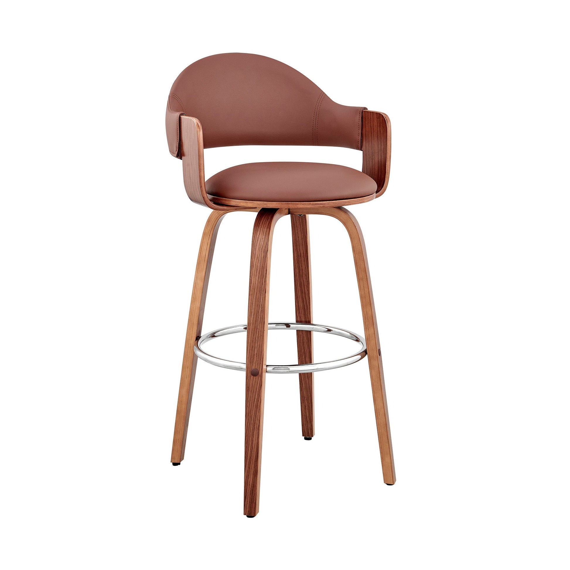 HomeRoots 26" Rich Brown Faux Leather Walnut Wood Bar Stool