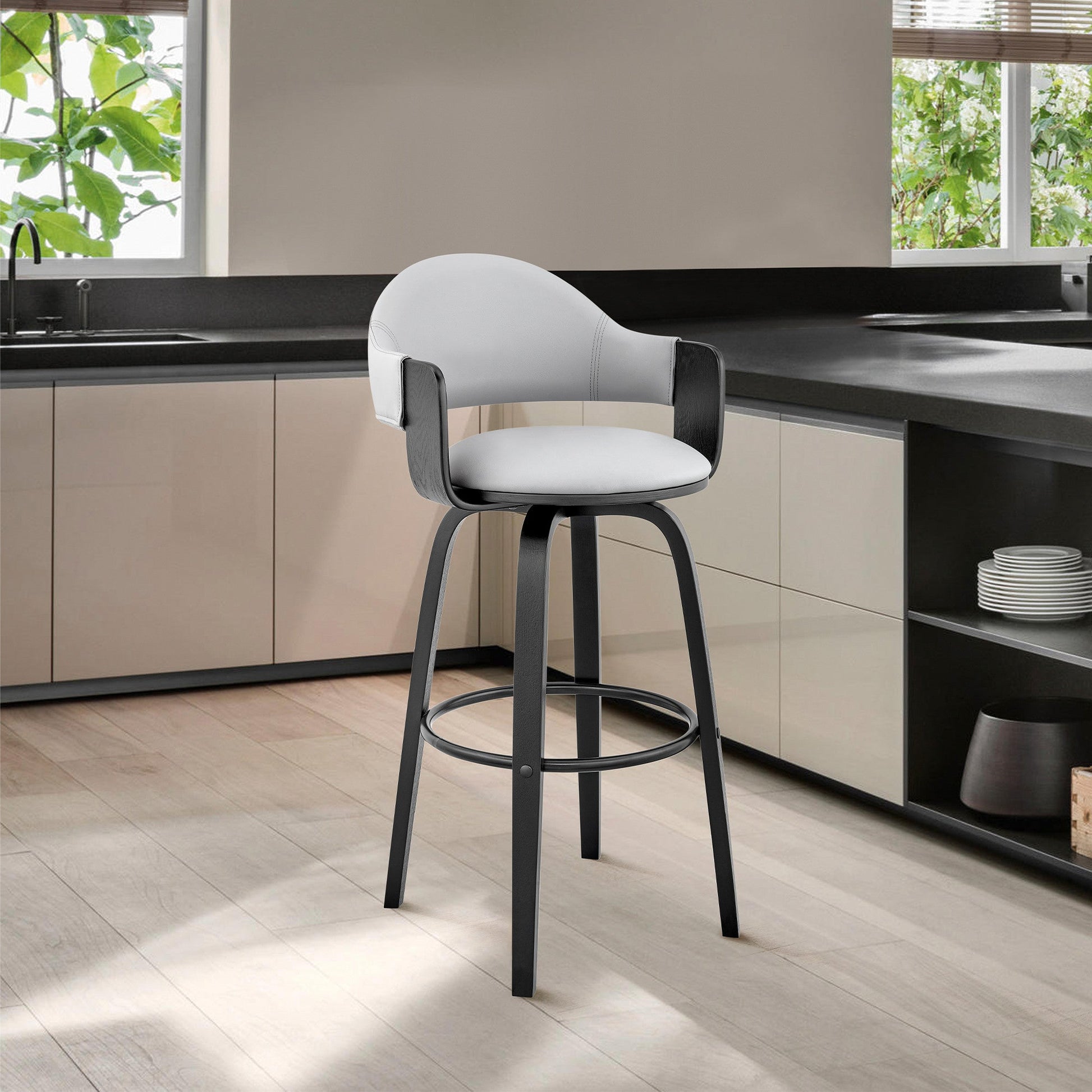 HomeRoots 26" Rich Grey Faux Leather Walnut Wood Bar Stool