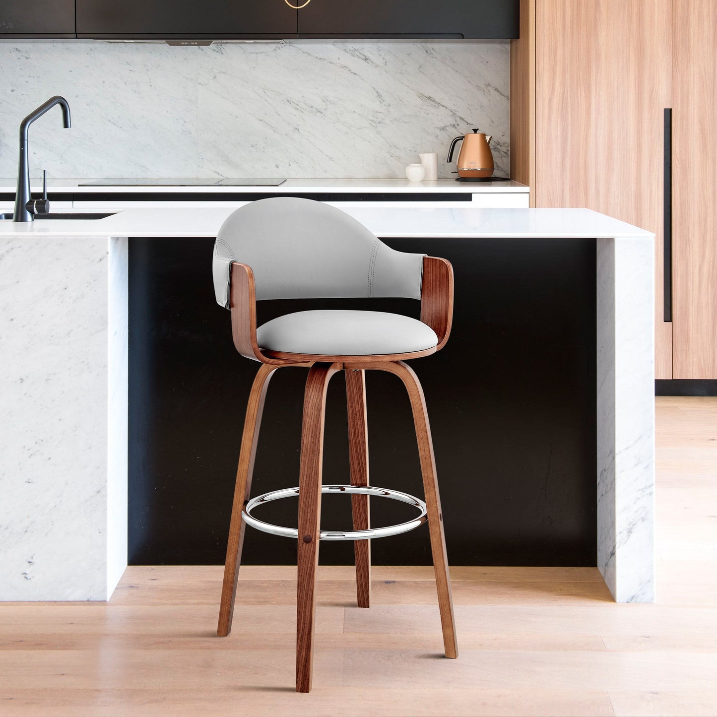 HomeRoots 26" Rich Grey Faux Leather Walnut Wood Bar Stool