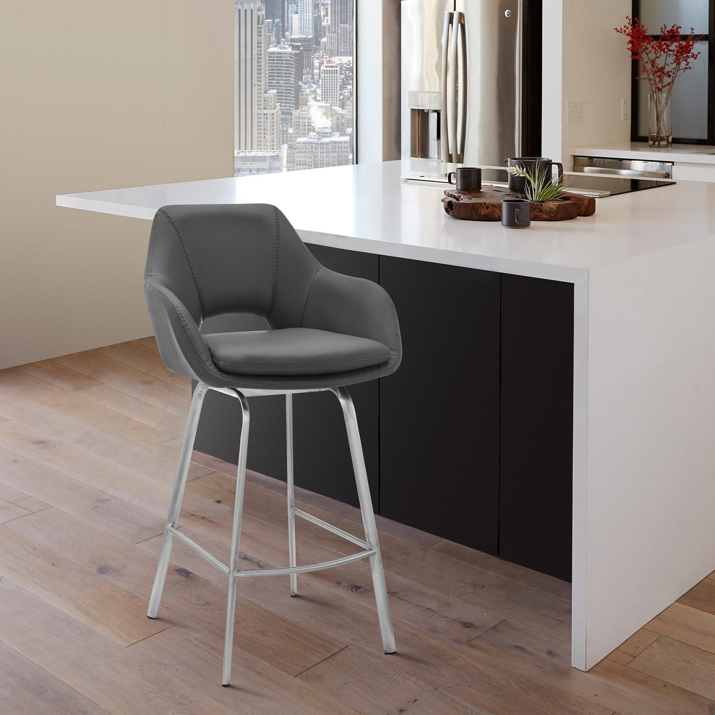 HomeRoots 26" Stainless and Faux Leather Comfy Swivel Counter Stool in Gray Finish