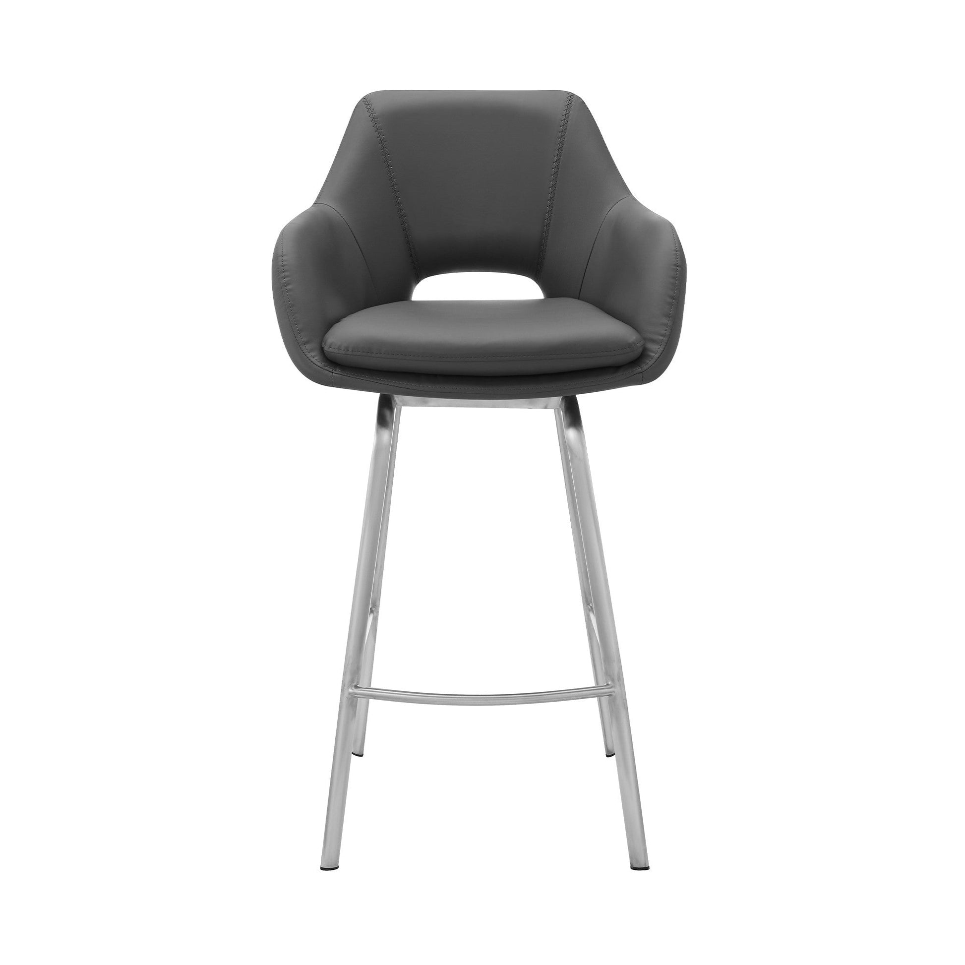 HomeRoots 26" Stainless and Faux Leather Comfy Swivel Counter Stool in Gray Finish