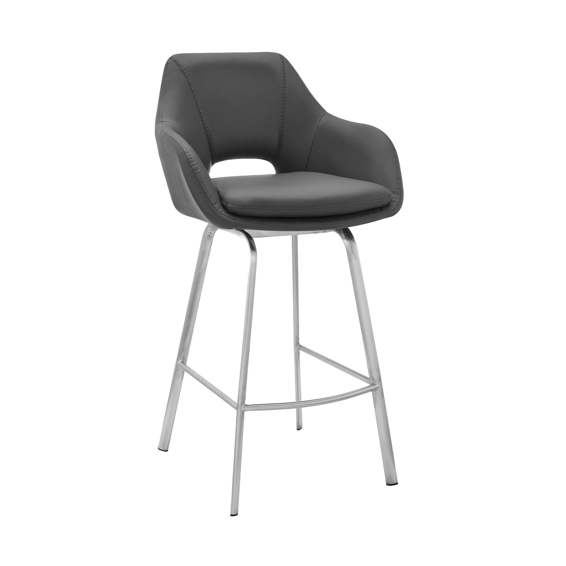 HomeRoots 26" Stainless and Faux Leather Comfy Swivel Counter Stool in Gray Finish