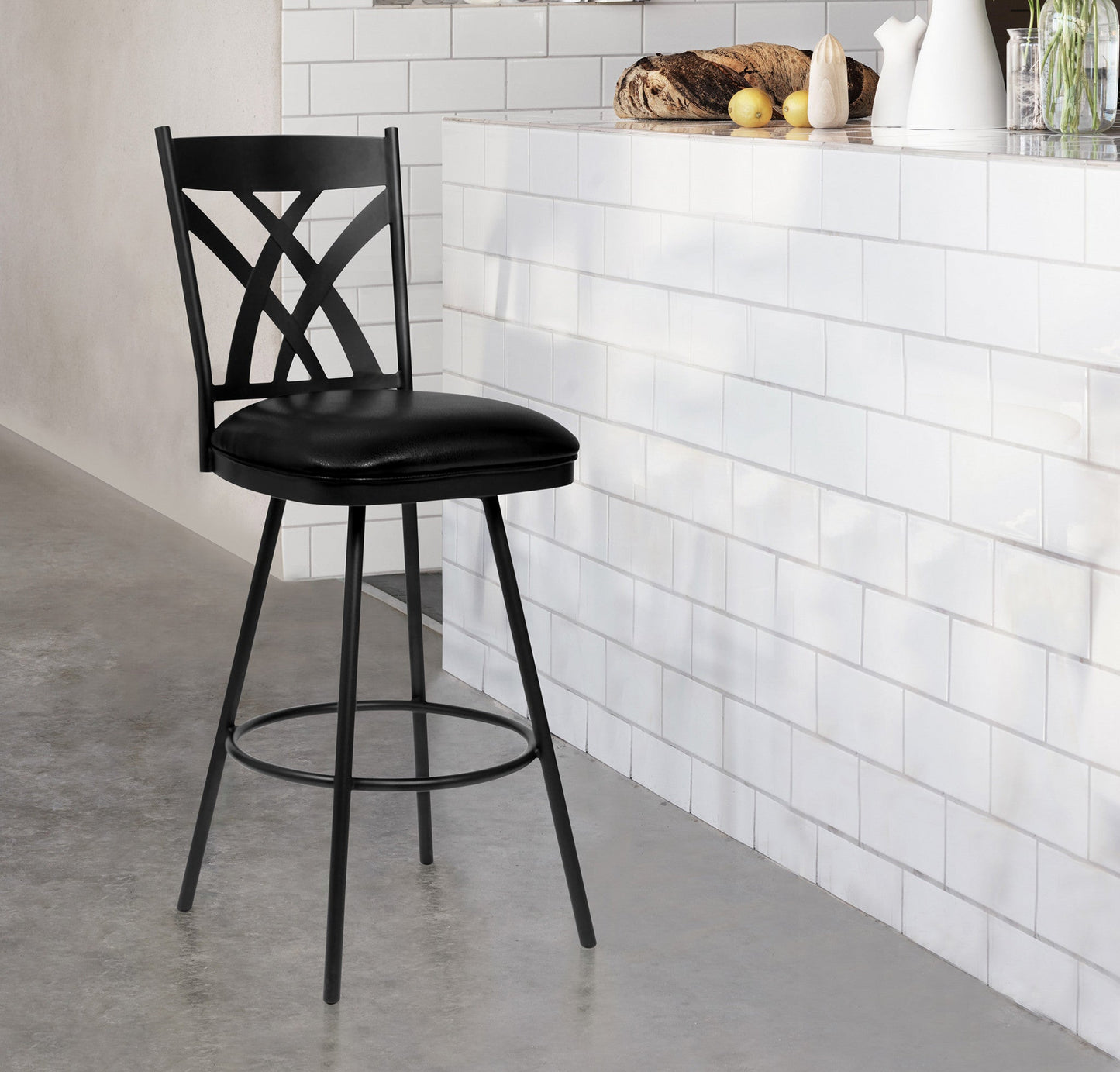 HomeRoots 26" Stylish Black Faux Leather Black Metal Lattice Back Swivel Bar Stool