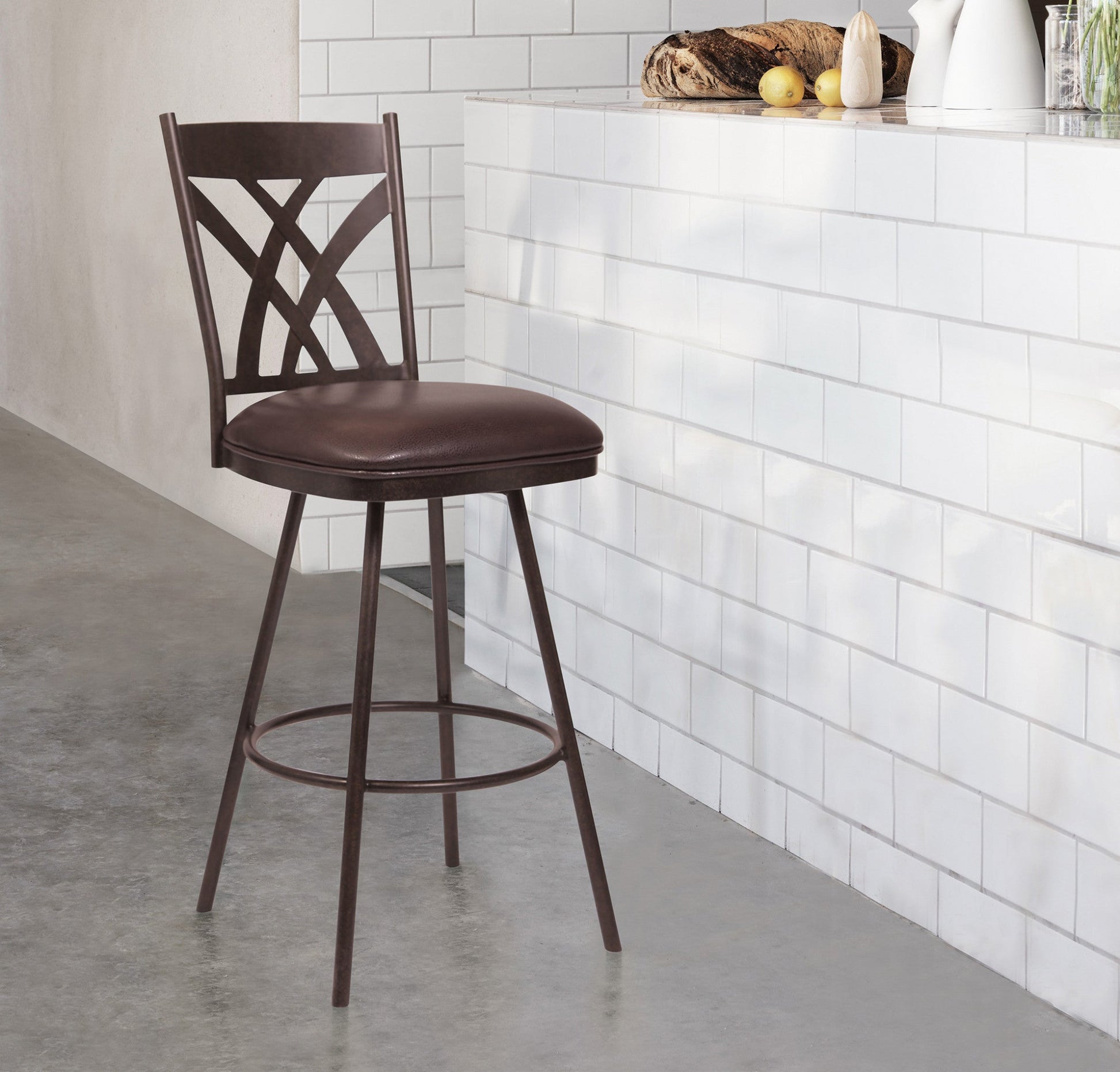 HomeRoots 26" Stylish Brown Faux Leather Brown Metal Lattice Back Swivel Bar Stool