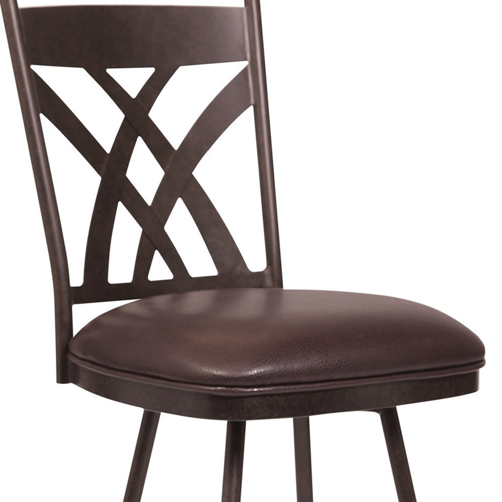 HomeRoots 26" Stylish Brown Faux Leather Brown Metal Lattice Back Swivel Bar Stool