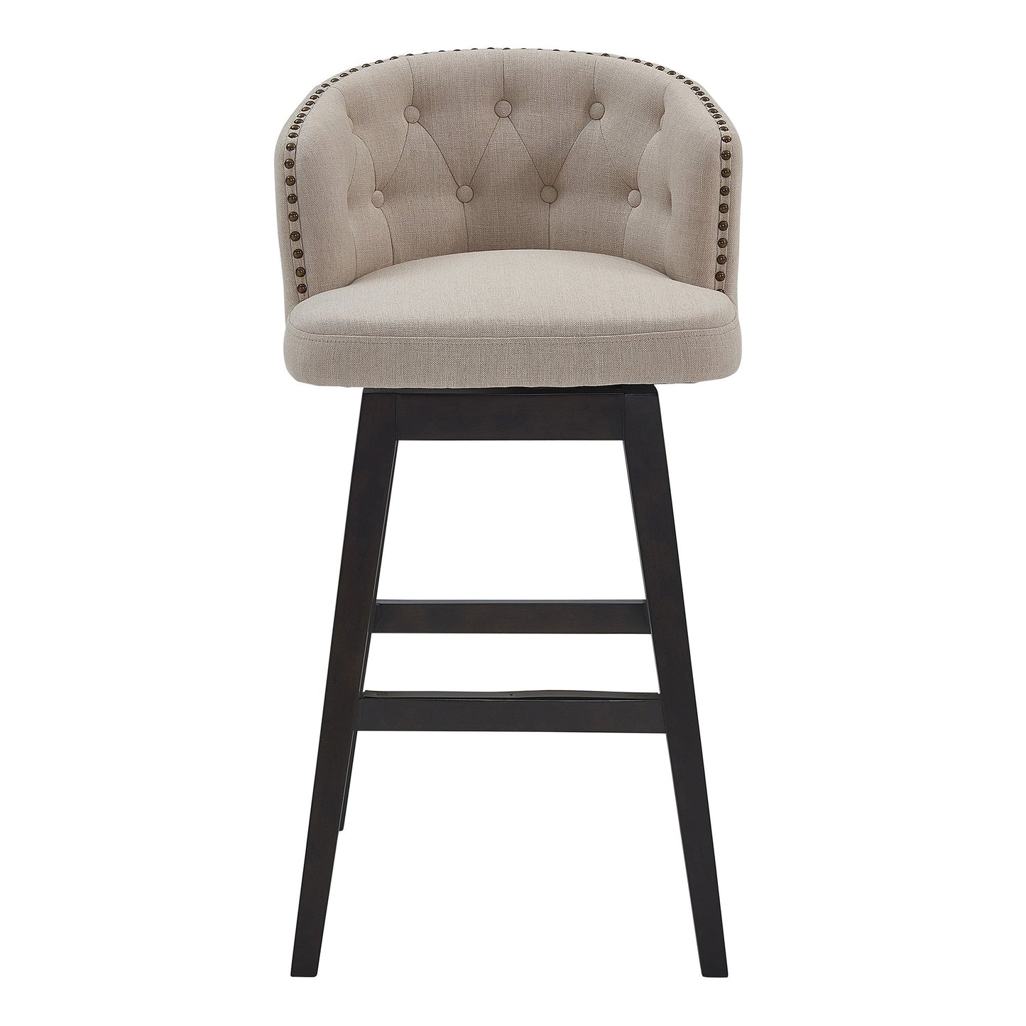 HomeRoots 26" Tan Tufted Fabric and Dark Espresso Wood Swivel Bar Stool