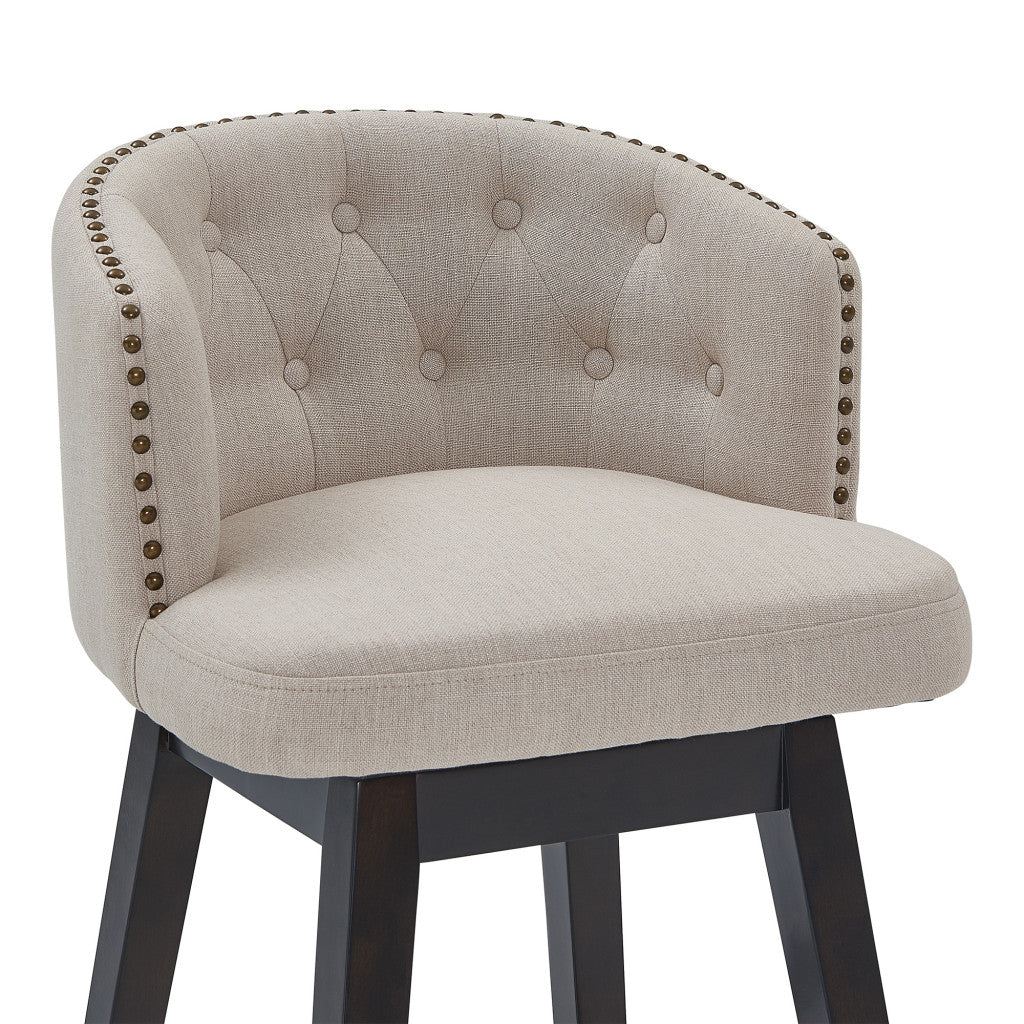 HomeRoots 26" Tan Tufted Fabric and Dark Espresso Wood Swivel Bar Stool