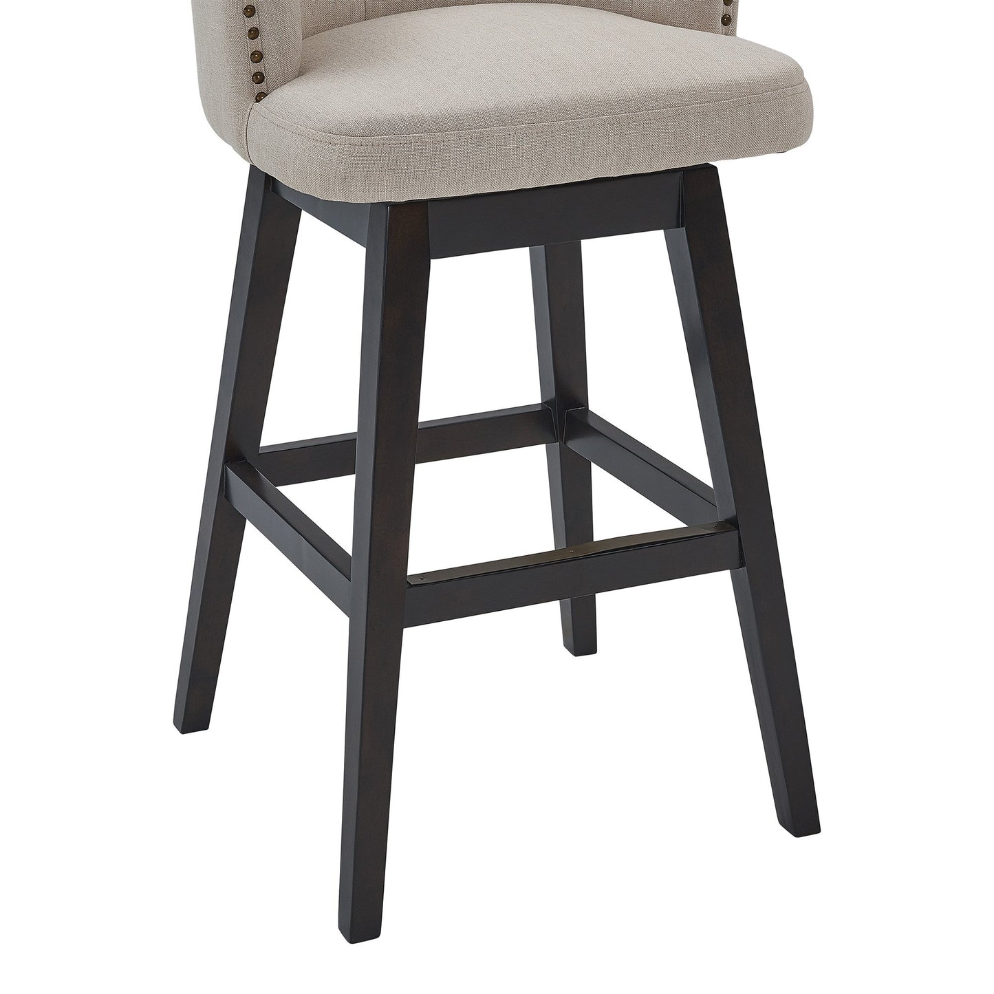 HomeRoots 26" Tan Tufted Fabric and Dark Espresso Wood Swivel Bar Stool