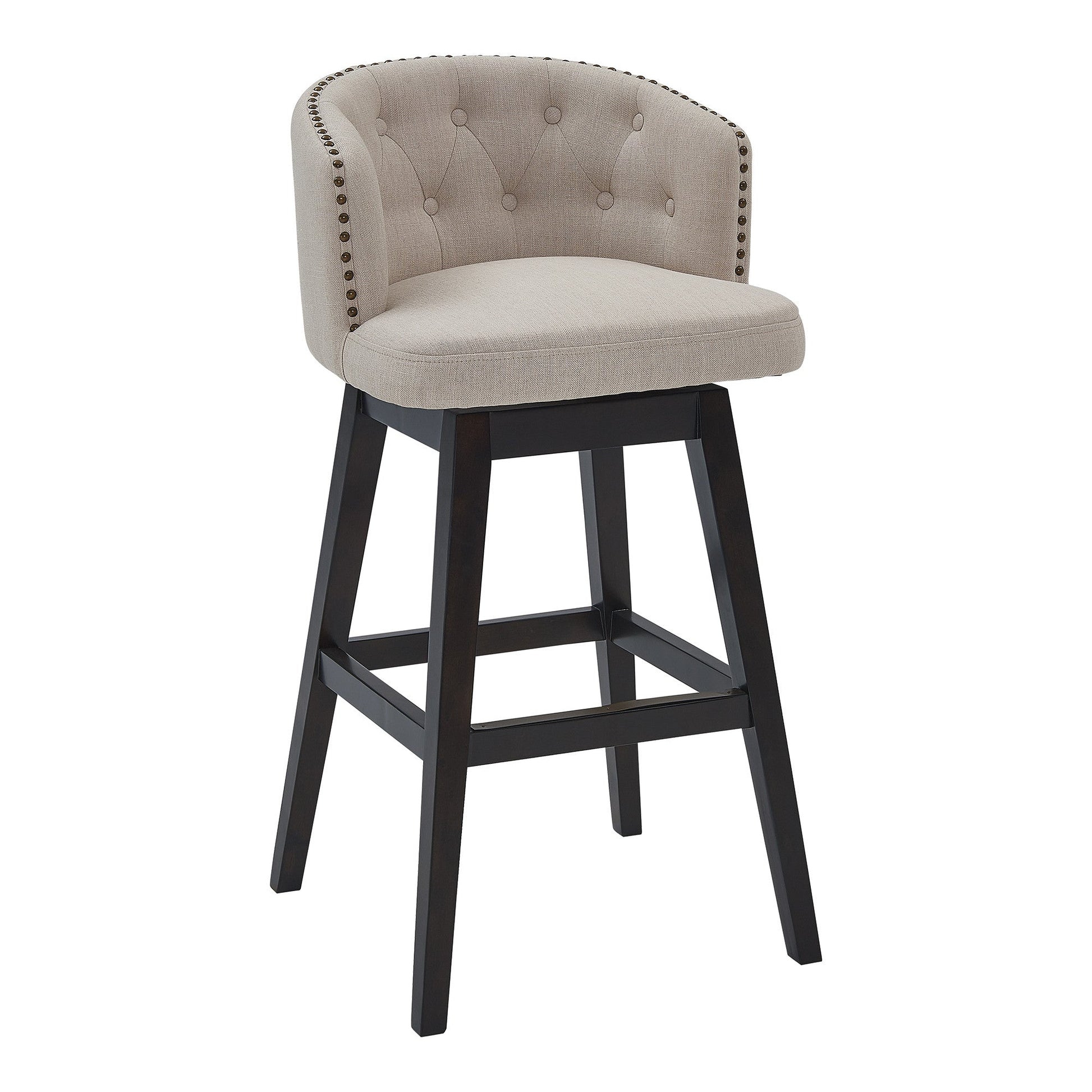 HomeRoots 26" Tan Tufted Fabric and Dark Espresso Wood Swivel Bar Stool