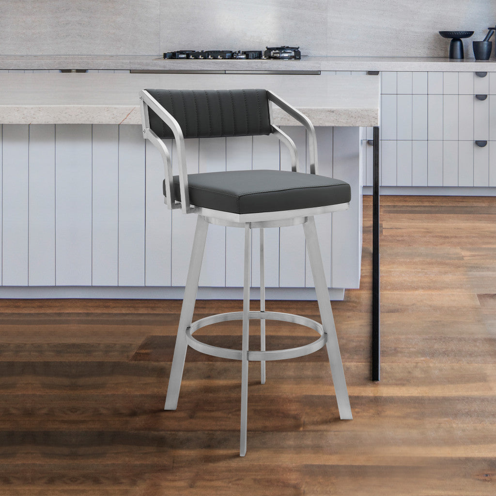HomeRoots 26" Timeless Slate Grey Faux Leather Swivel Counter Stool With Silver Finish