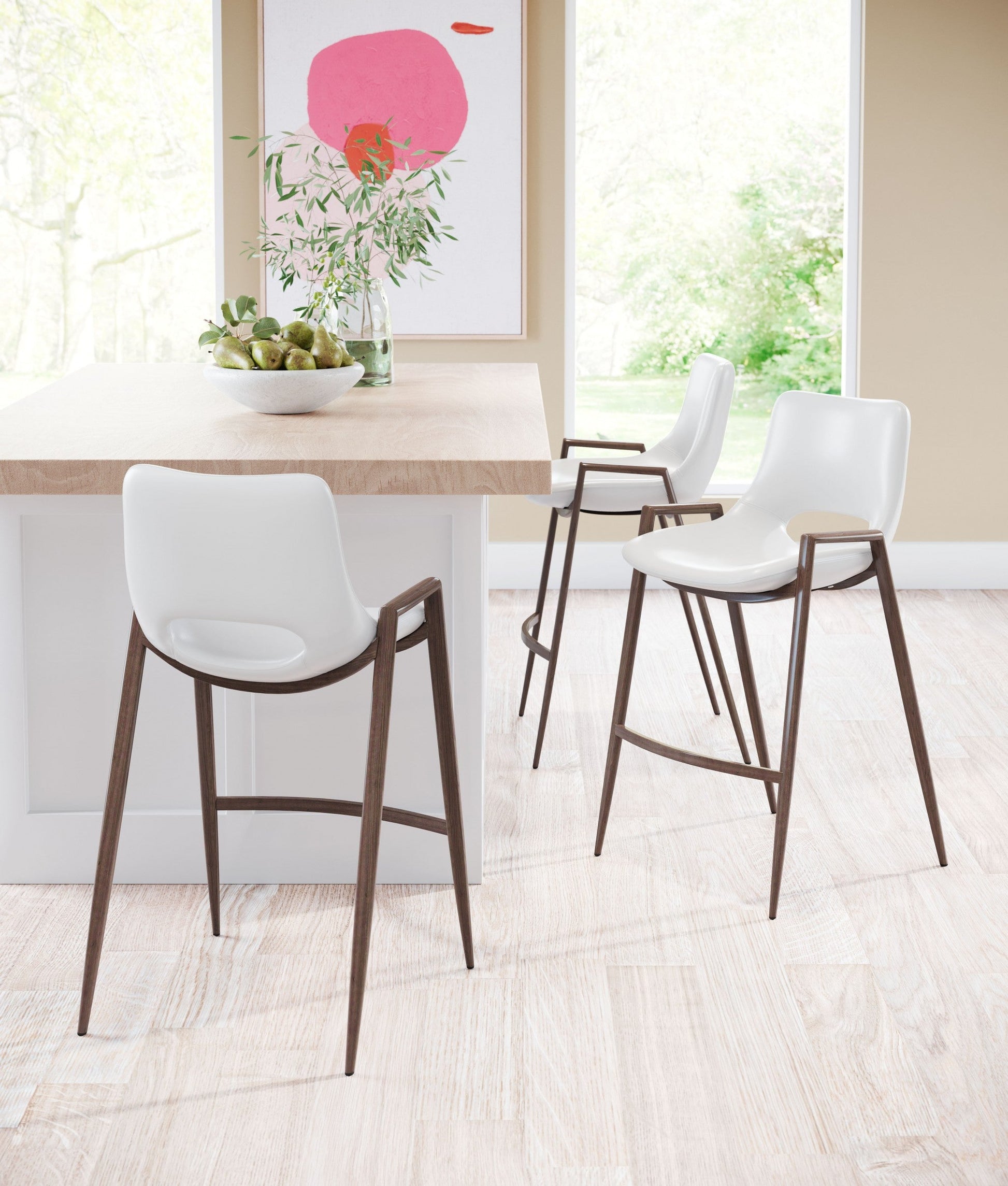 HomeRoots 26" White And Brown Steel Low Back Counter Height Bar Chairs in Set of Two
