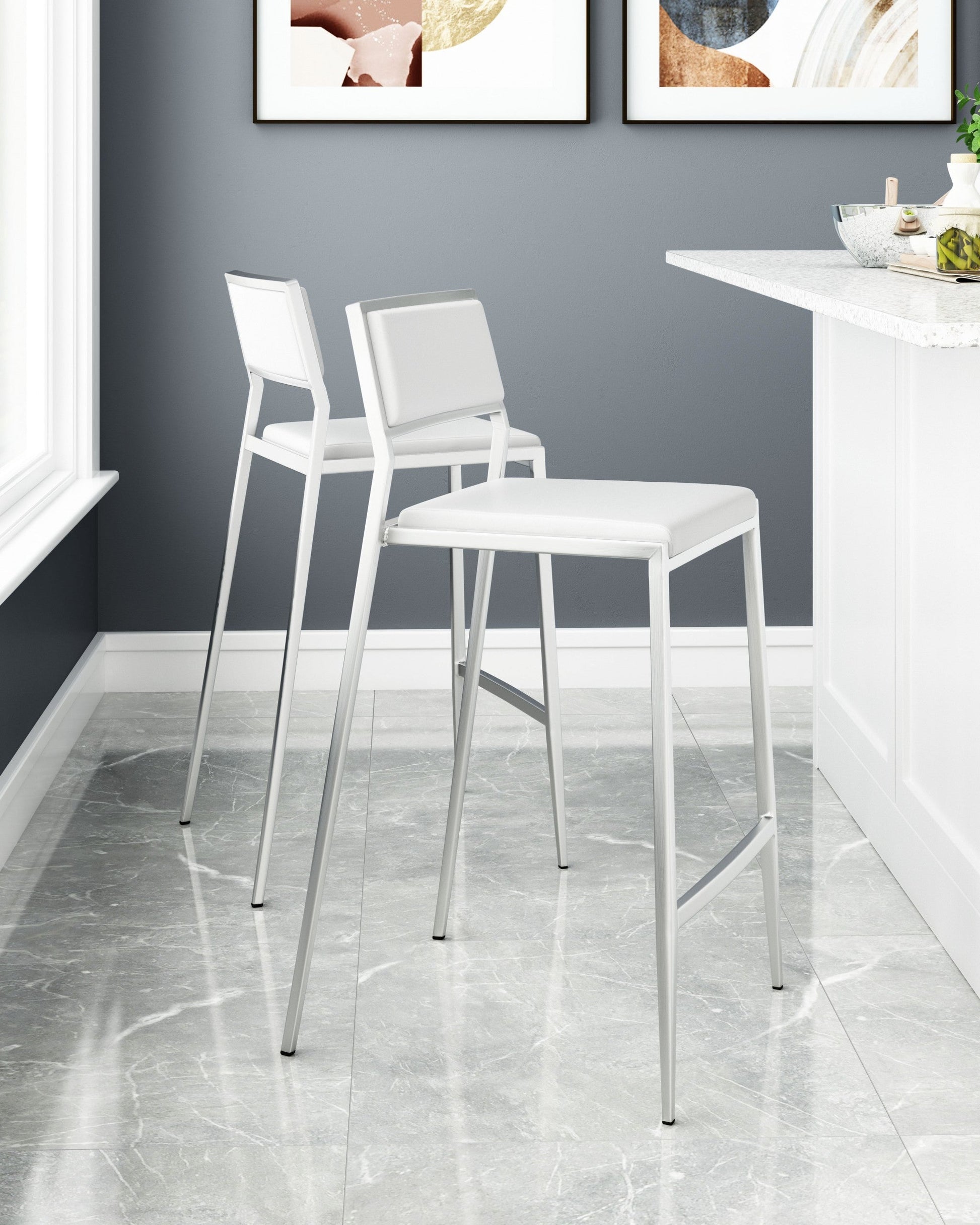 HomeRoots 26" White And Silver Steel Low Back Counter Height Bar Chairs in Set of Two