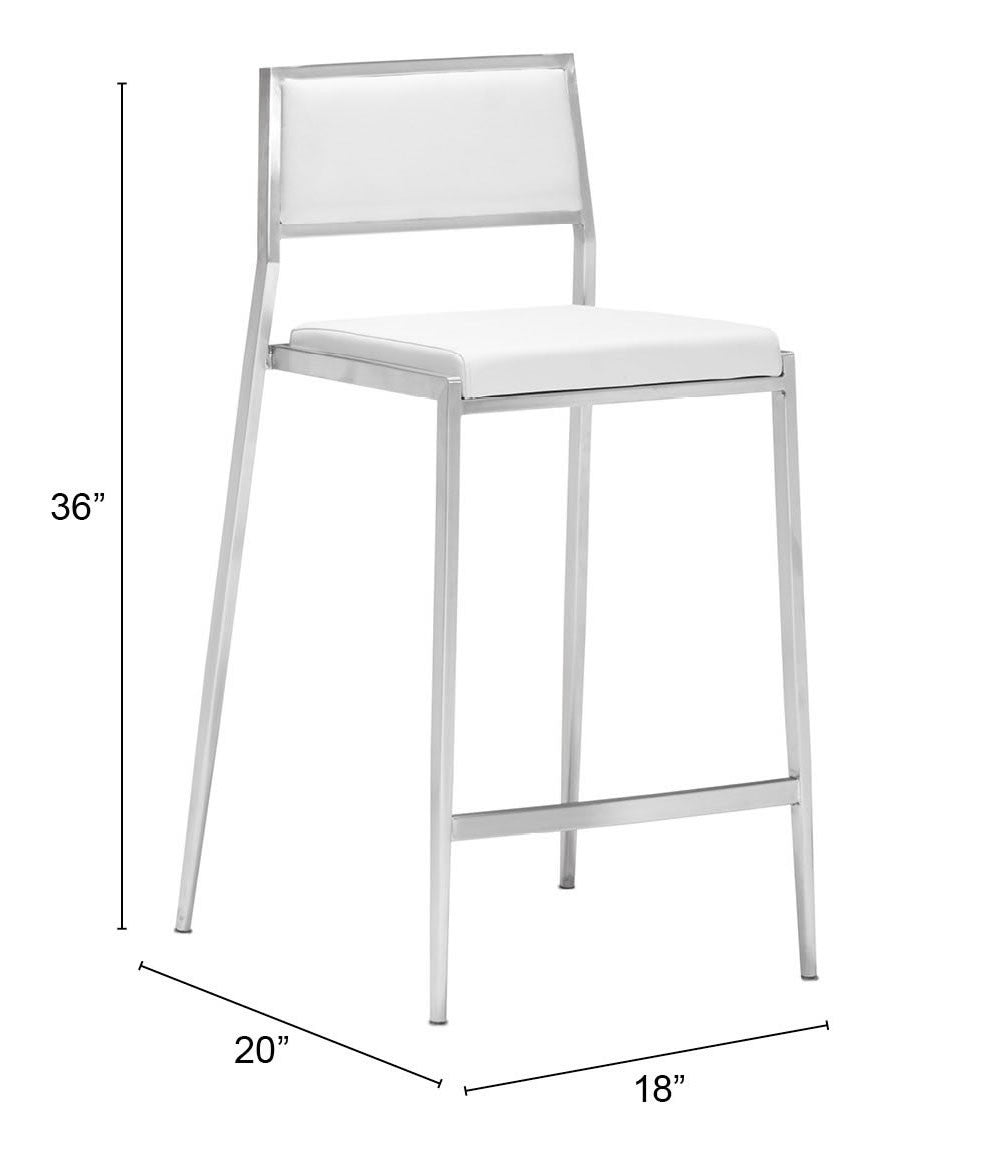 HomeRoots 26" White And Silver Steel Low Back Counter Height Bar Chairs in Set of Two