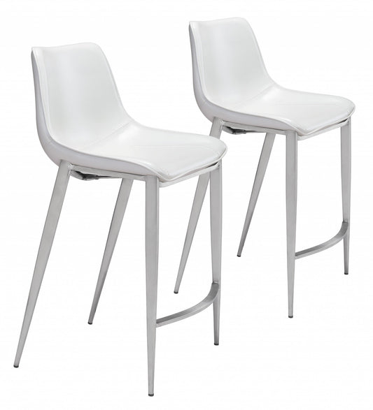 HomeRoots 26" White And Silver Steel Low Back Counter Height Bar Chairs in Set of Two