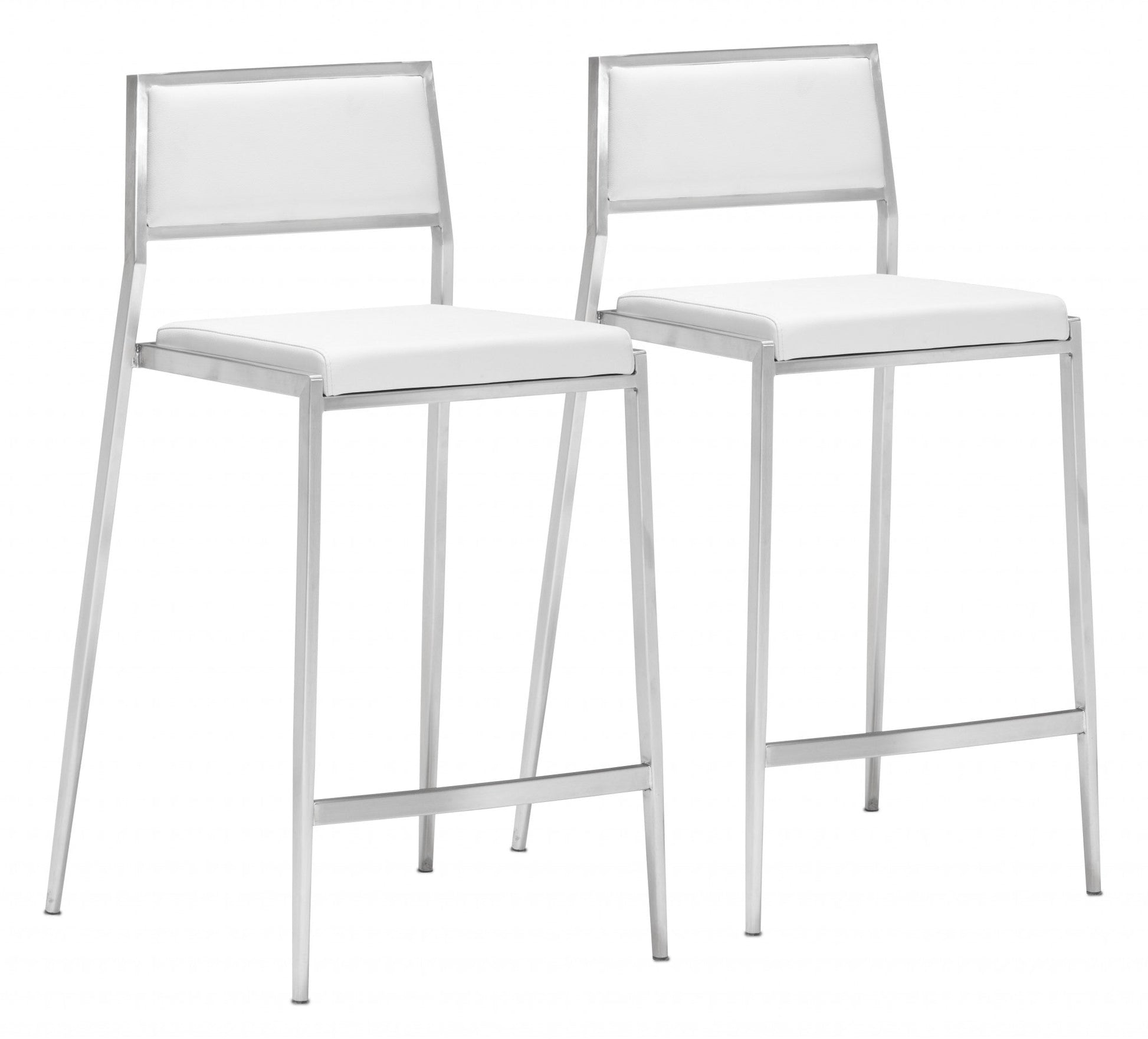HomeRoots 26" White And Silver Steel Low Back Counter Height Bar Chairs in Set of Two